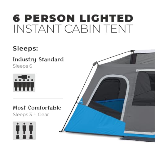 CORE Instant Cabin Tents with LED Lights | 6 Person / 9 Person / 12 Person Family Multi Room Lighted Pop Up Tents for Camping | Included Storage Pockets for Camping Accessories