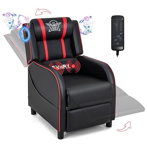 GYMAX Gaming Recliner, Massage Gaming Chair with Bluetooth Speaker, Adjustable Footrest & Lumbar Support, Single Ergonomic Gaming Sofa, Video Gaming Chair for Adults, Home Theatre (Red)