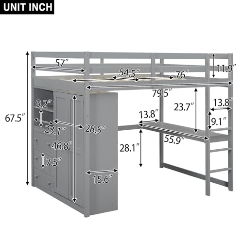 Merax Full Size Loft Bed Frame with Built-in Wardrobe, Desk, Storage Shelves and Drawers, Wood Slat Support