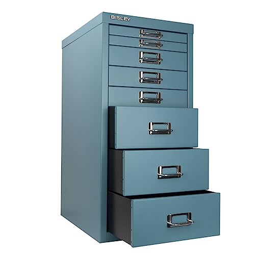 Bisley 10-Drawer Steel MultiDrawer Cabinet - Black, Chrome Pull Handles with Label Holders, Powder-Coated Steel, Removable Drawers, Fits Under Most Desks, Labels Included