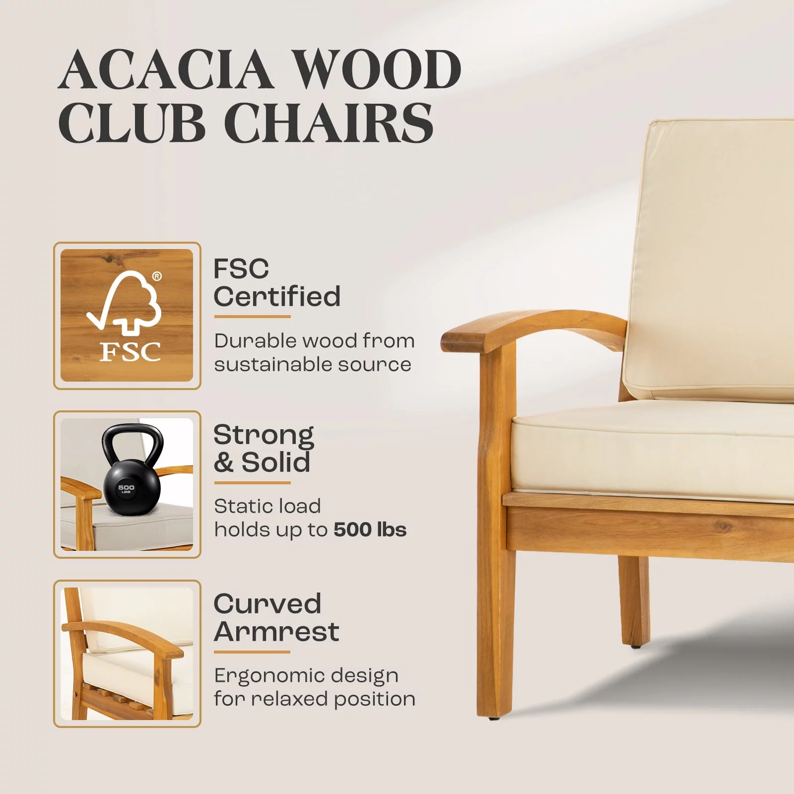 AILE Premium Acacia Patio Wood Club Chairs Set of 2, Teak Finish Furniture Sets with Thick Cushion