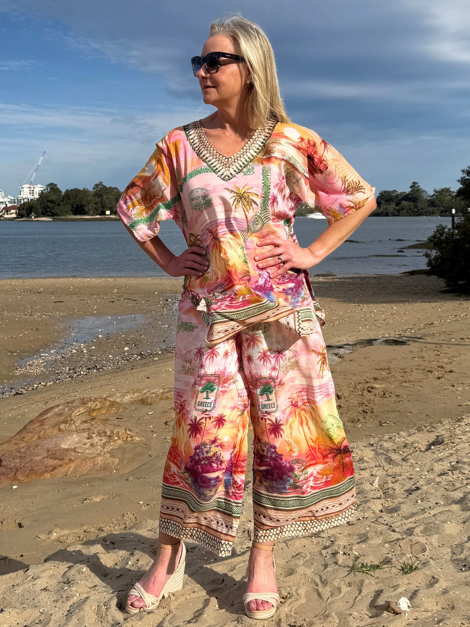 Passport Print V Neck Top - Sunset Multi