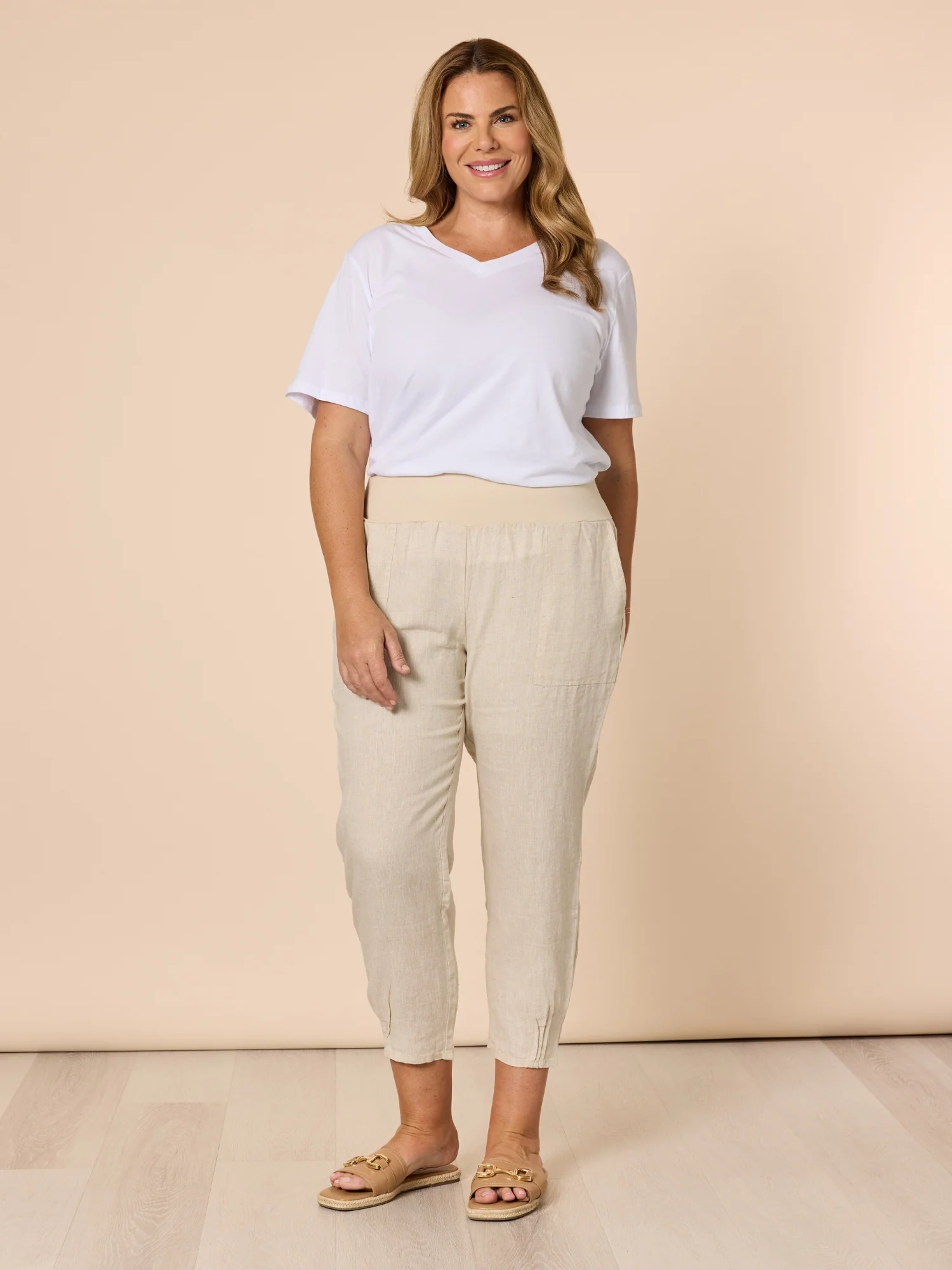 Sarah Linen Pleat Hem Pant - Natural