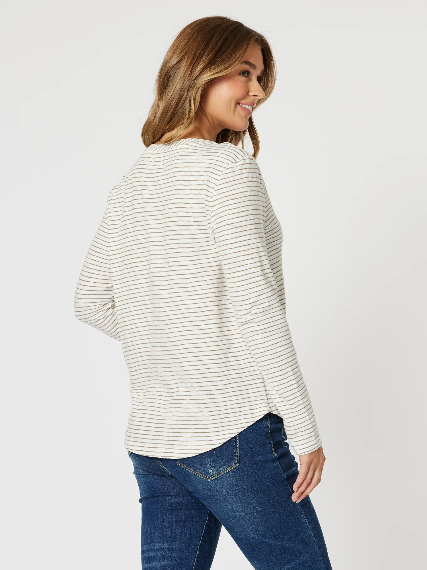Riviera Long Sleeve Stripe Print Tee - Natural/White