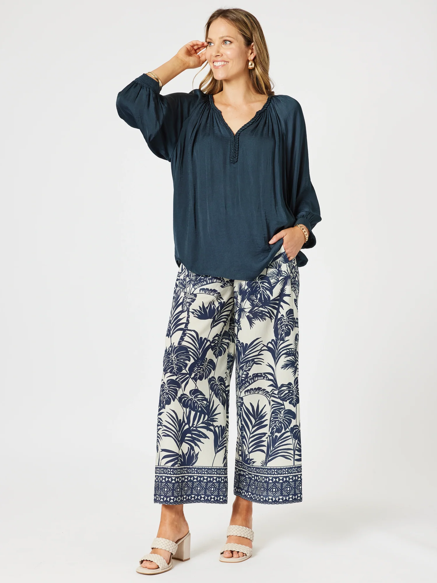 Palm Cove Print Wide Leg Pant - Navy Multi