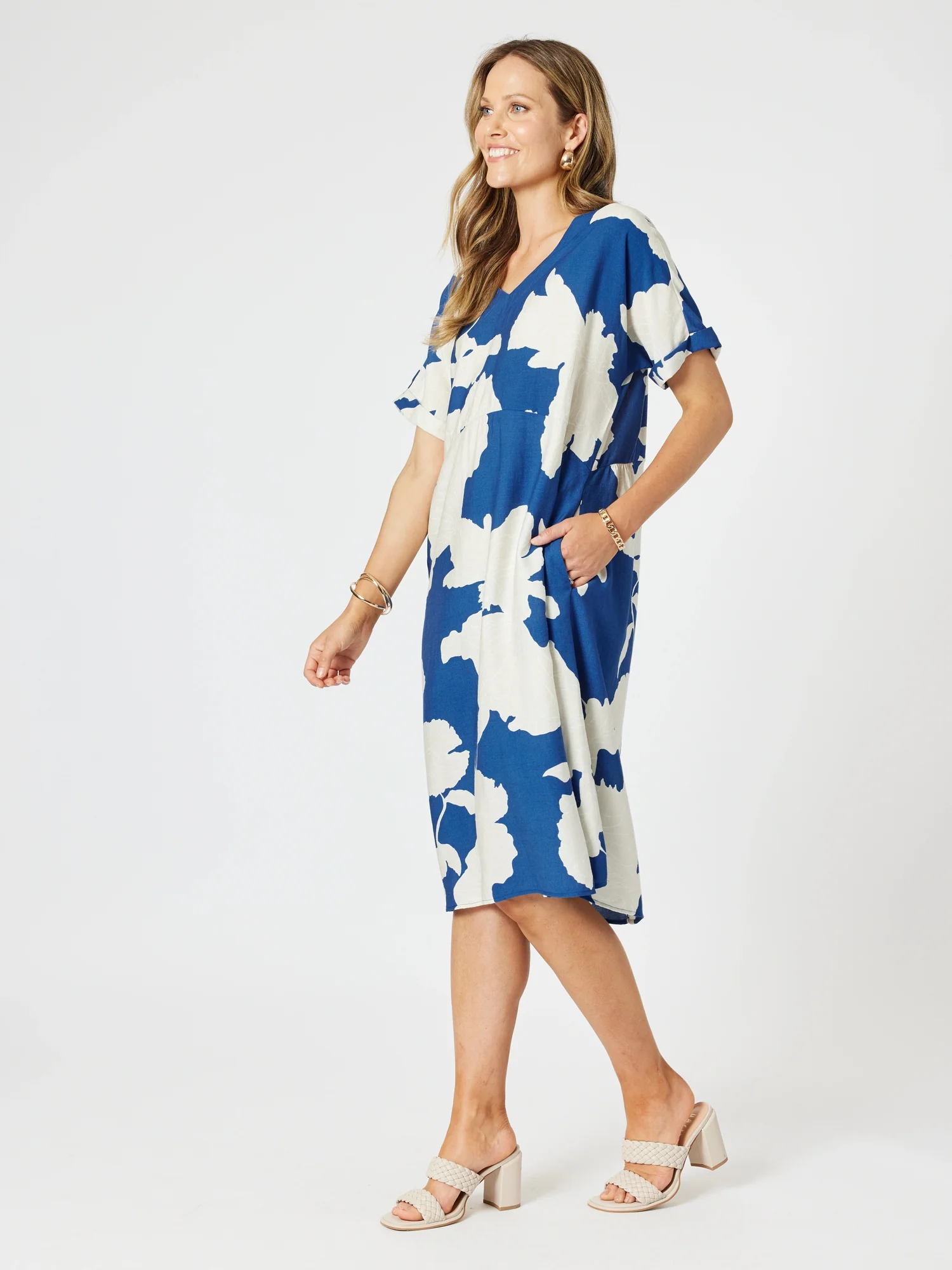 Barcelona V Neck Floral Print Dress - Blue/Natural