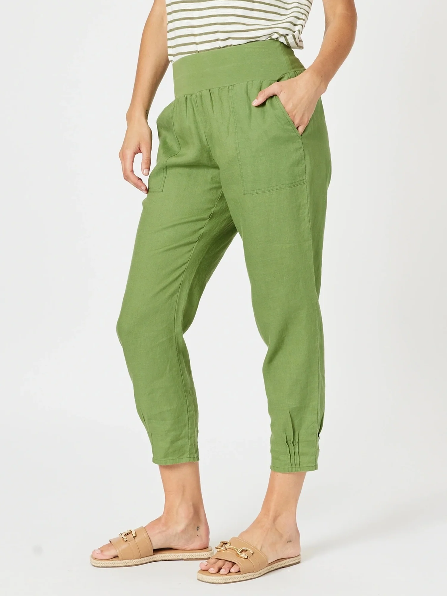 Sarah Linen Pleat Hem Pant - Basil