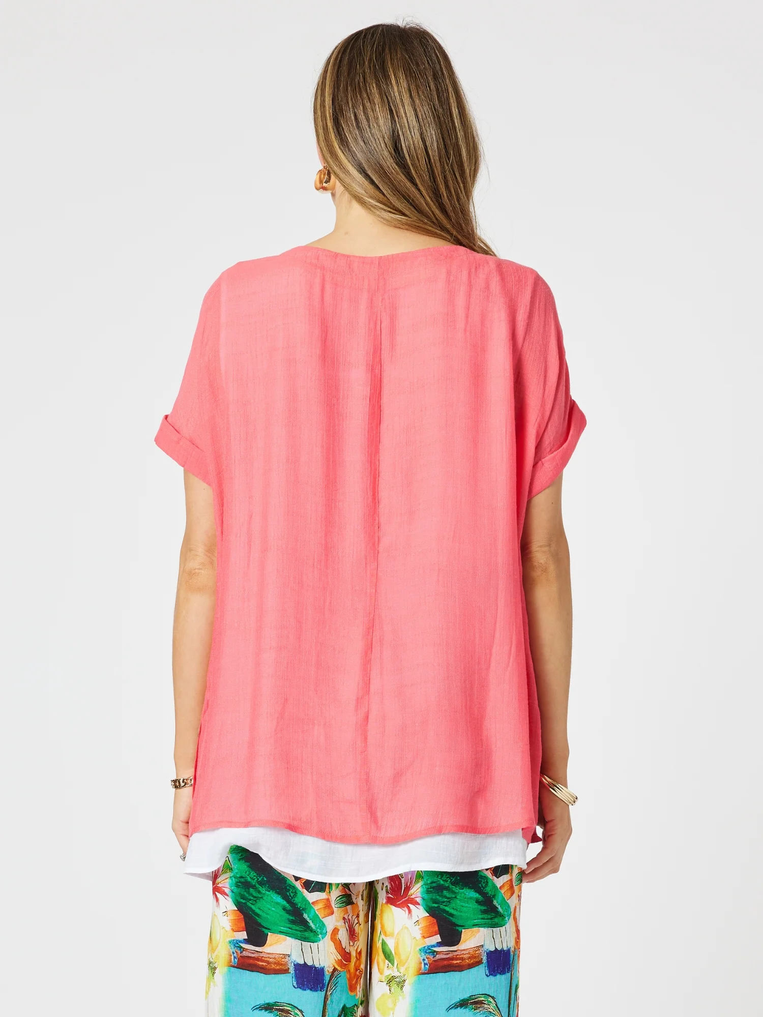 Palma Side Button 2 in 1 Look Top - Coral/White