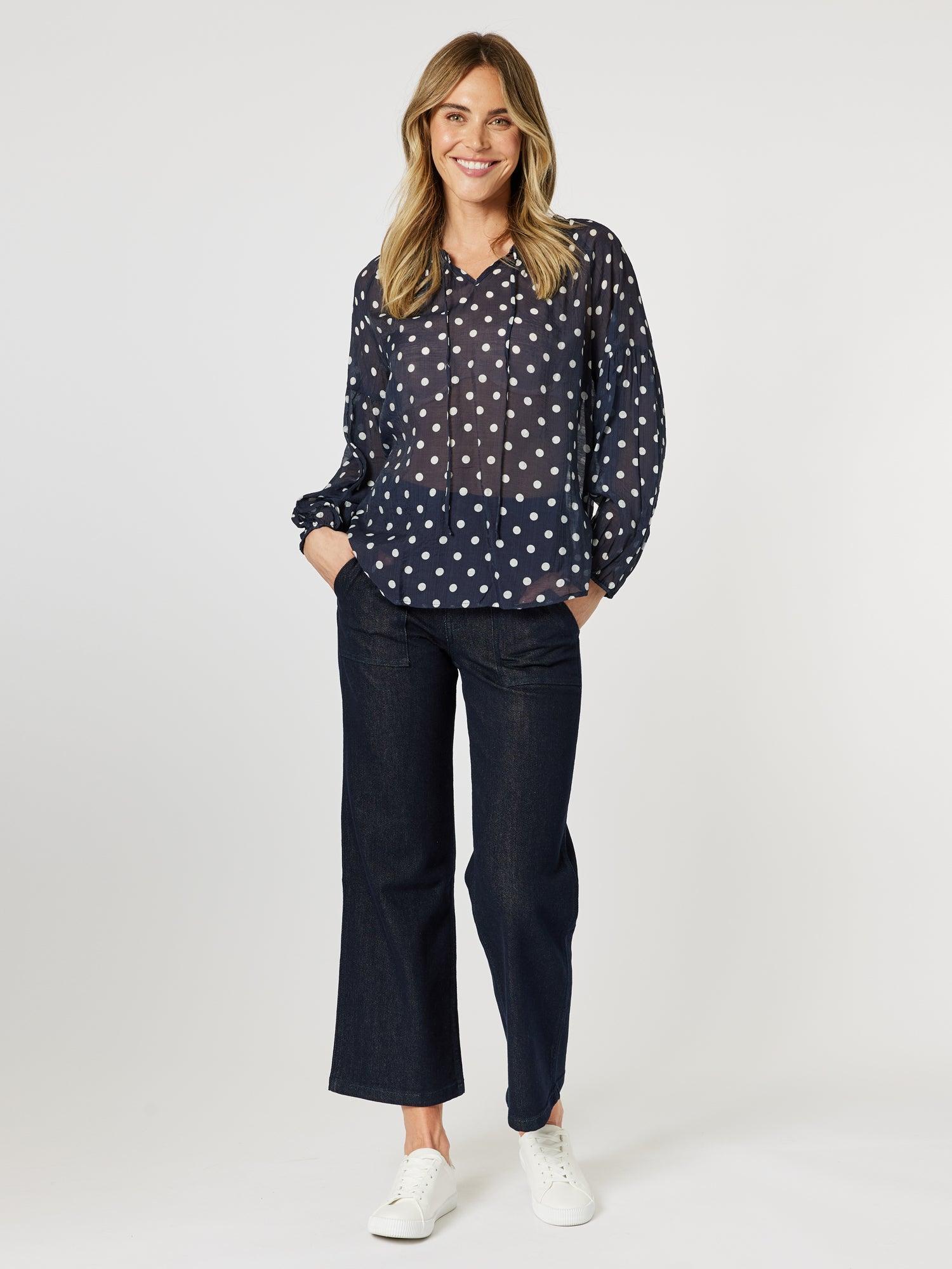 Sorrento Spot Print Sheer Blouse - Navy/White
