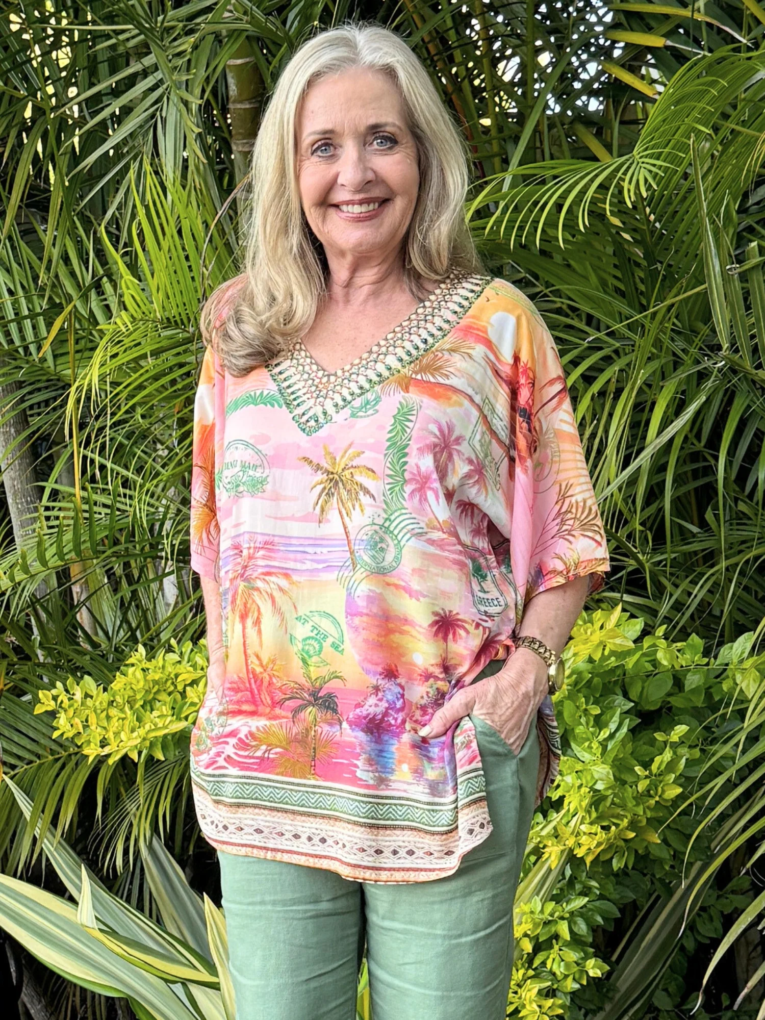 Passport Print V Neck Top - Sunset Multi