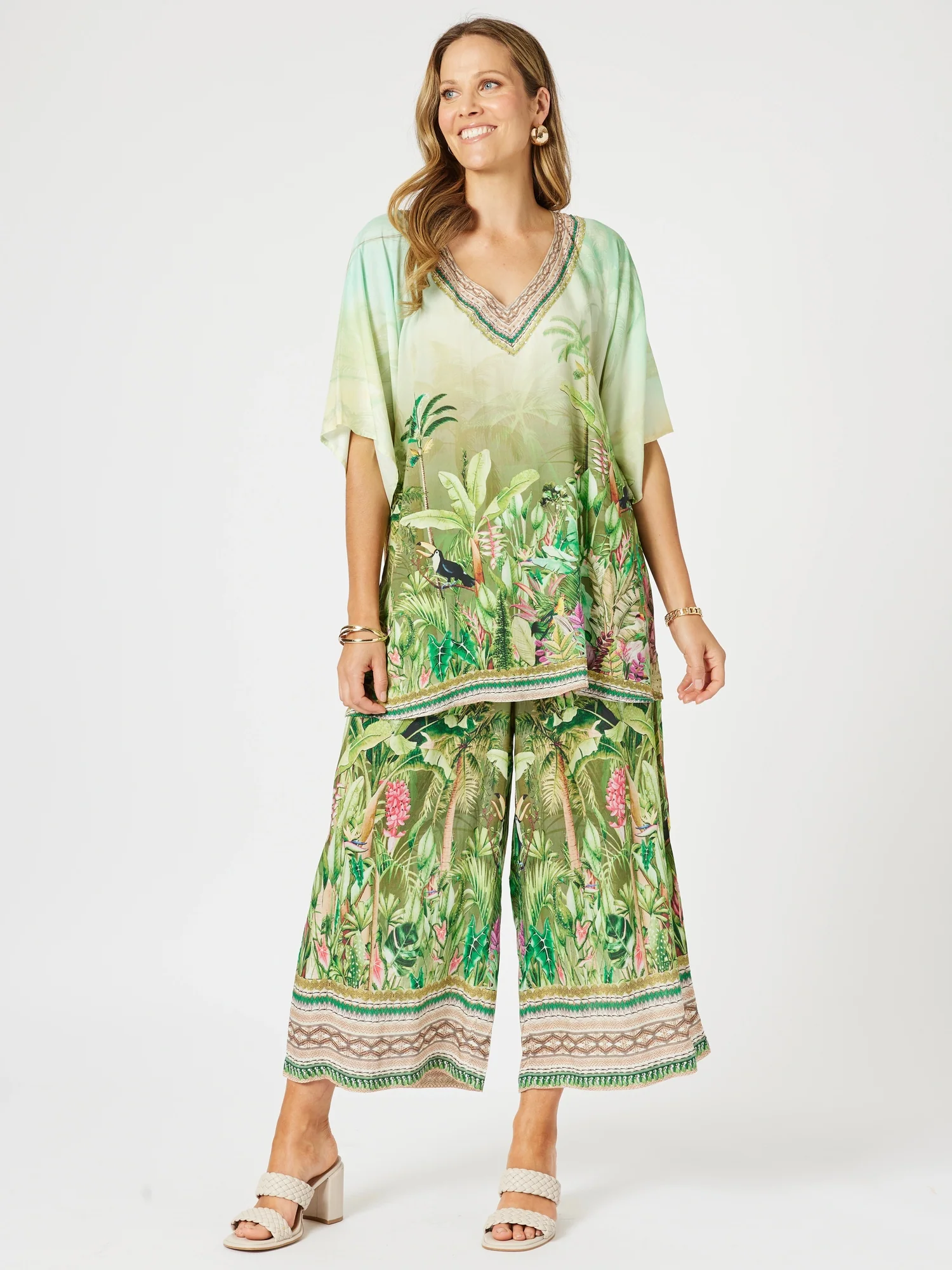 Toucan Print Wide Leg Pant - Green