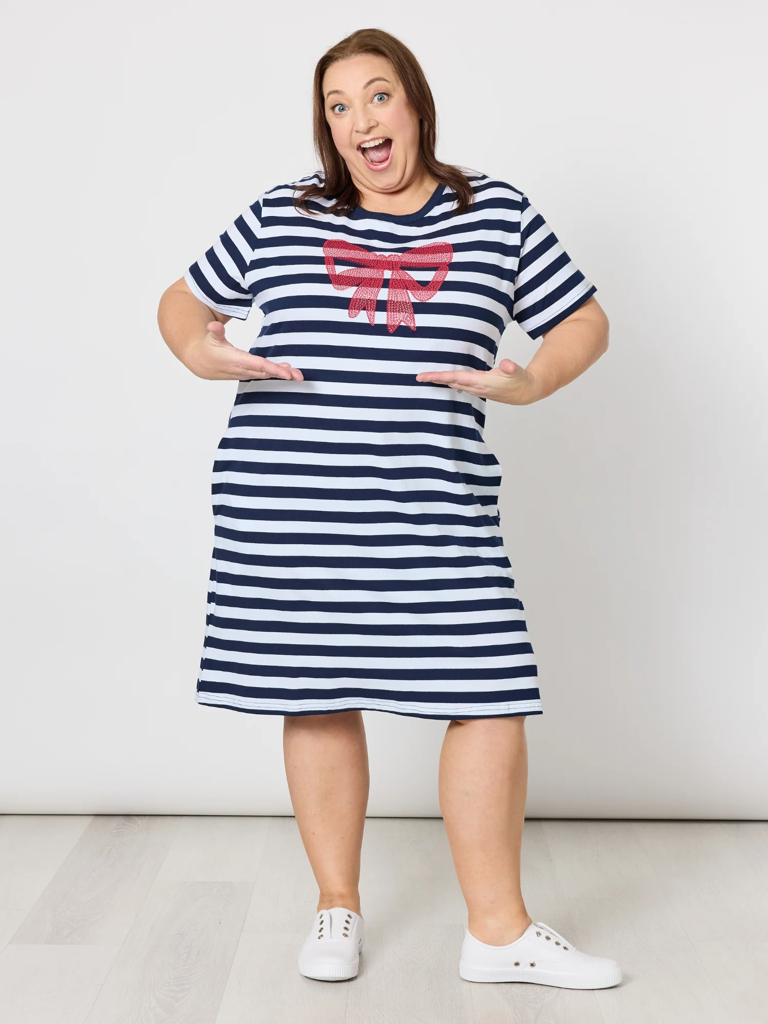 Red Bow Stripe Print Dress - Navy/White