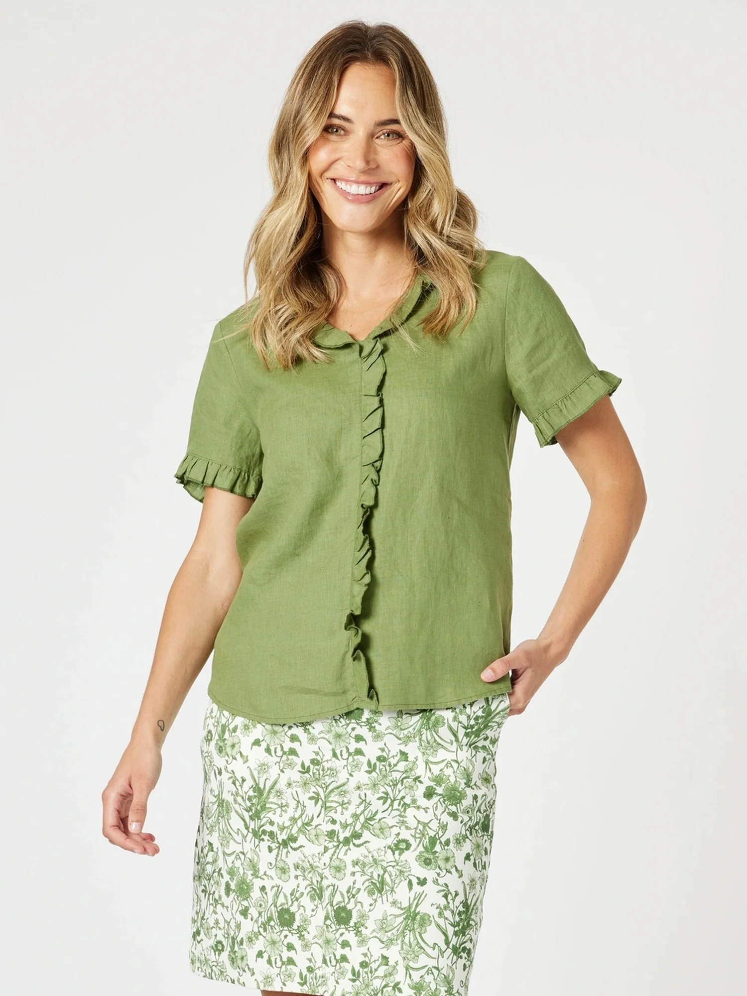Tiffany Ruffle Linen Top - Basil