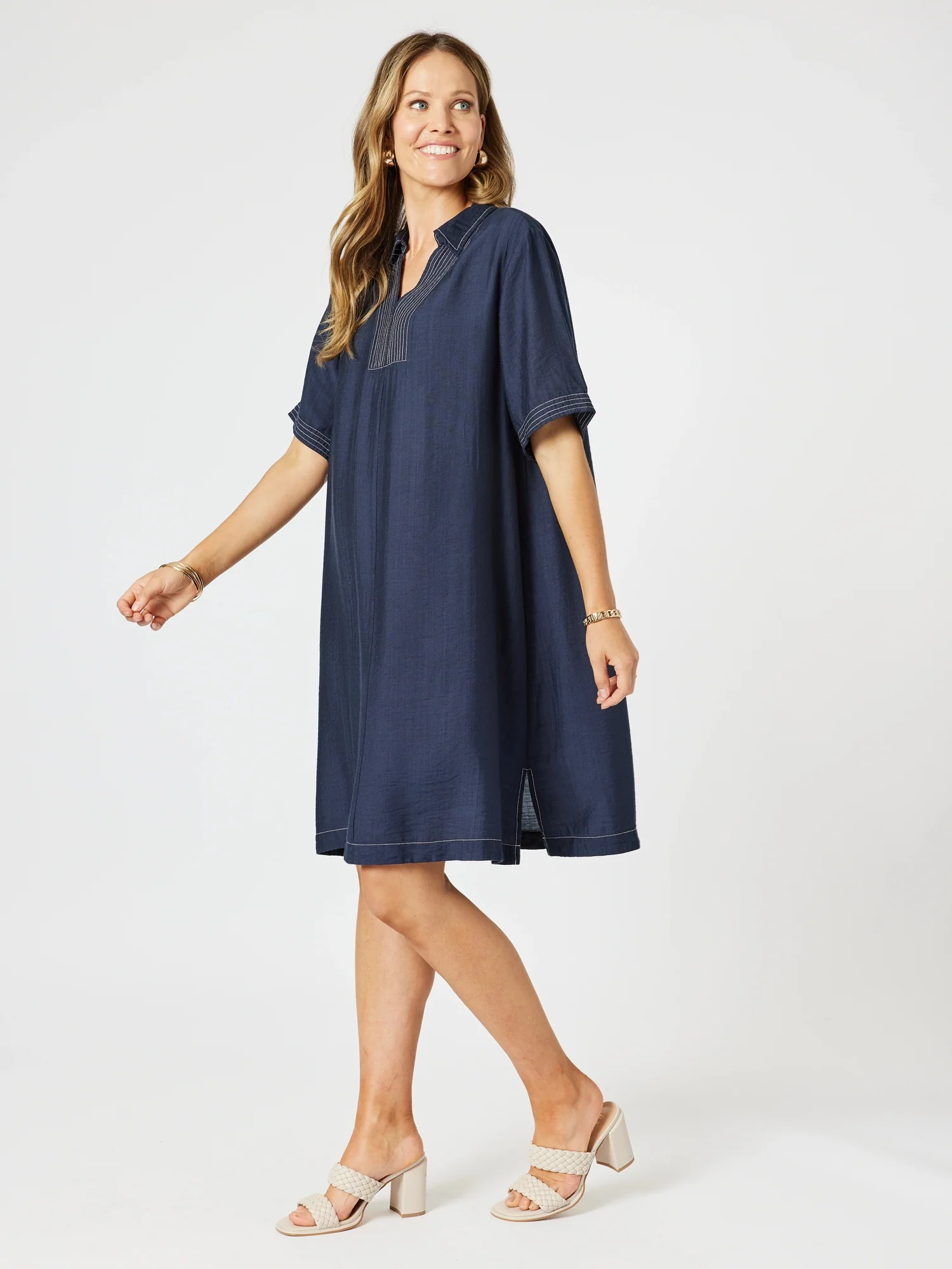 Top Stitch Detail Dress - Navy
