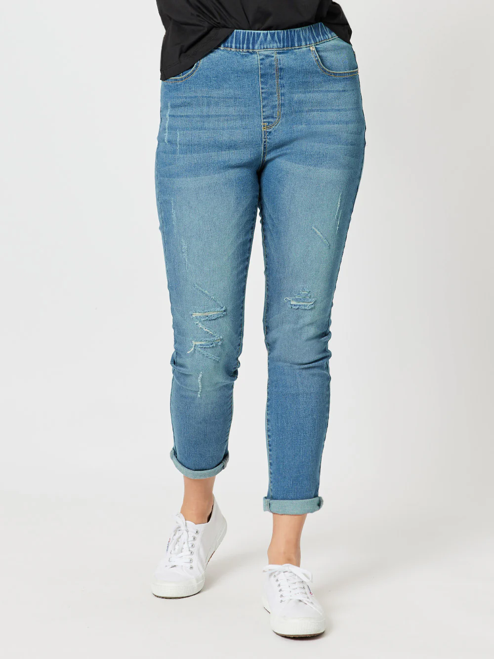 LA Distressed Pull On Stretch Denim Jean - Denim