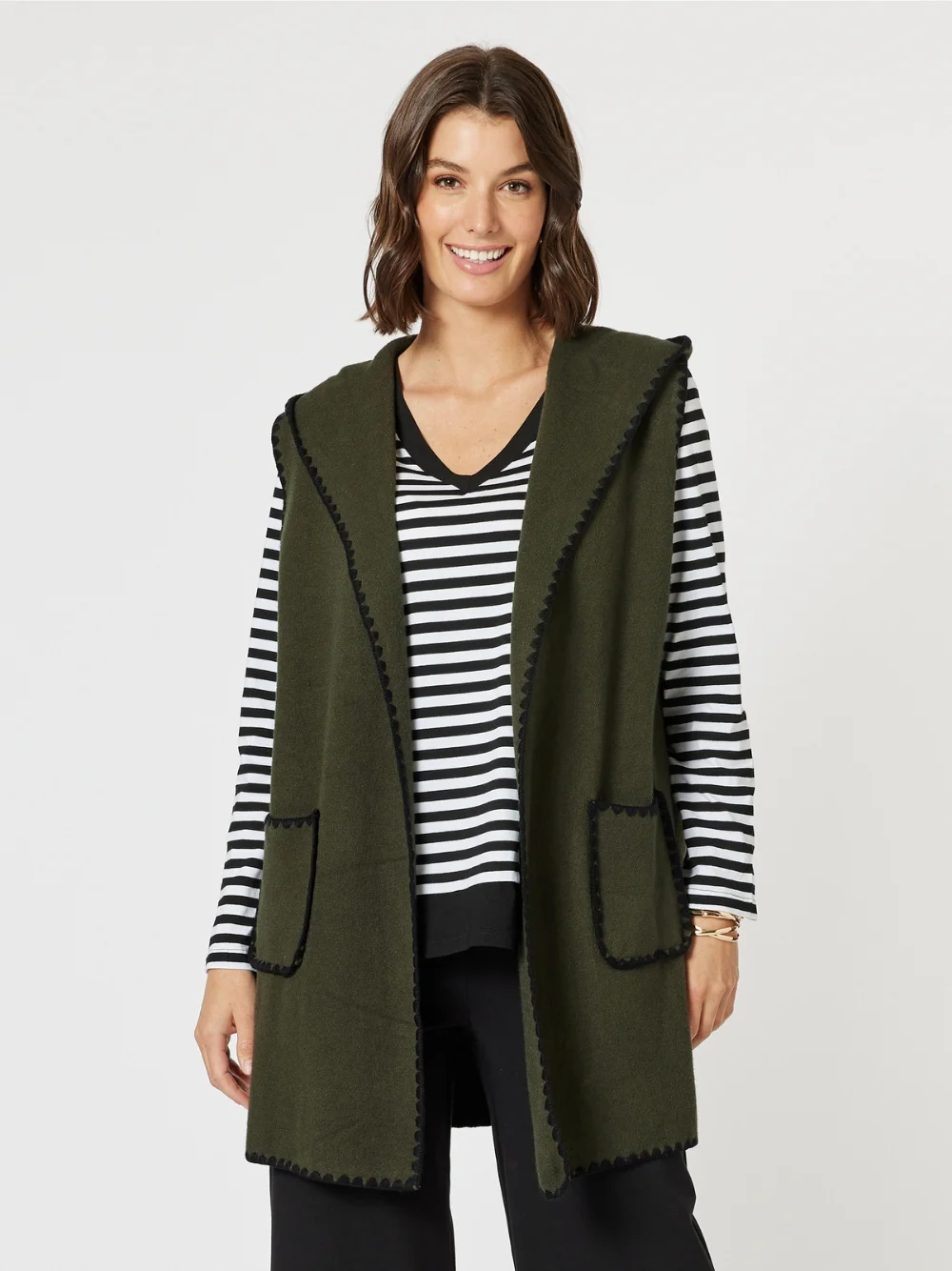 Cosy Contrast Stitch Hooded Vest - Khaki