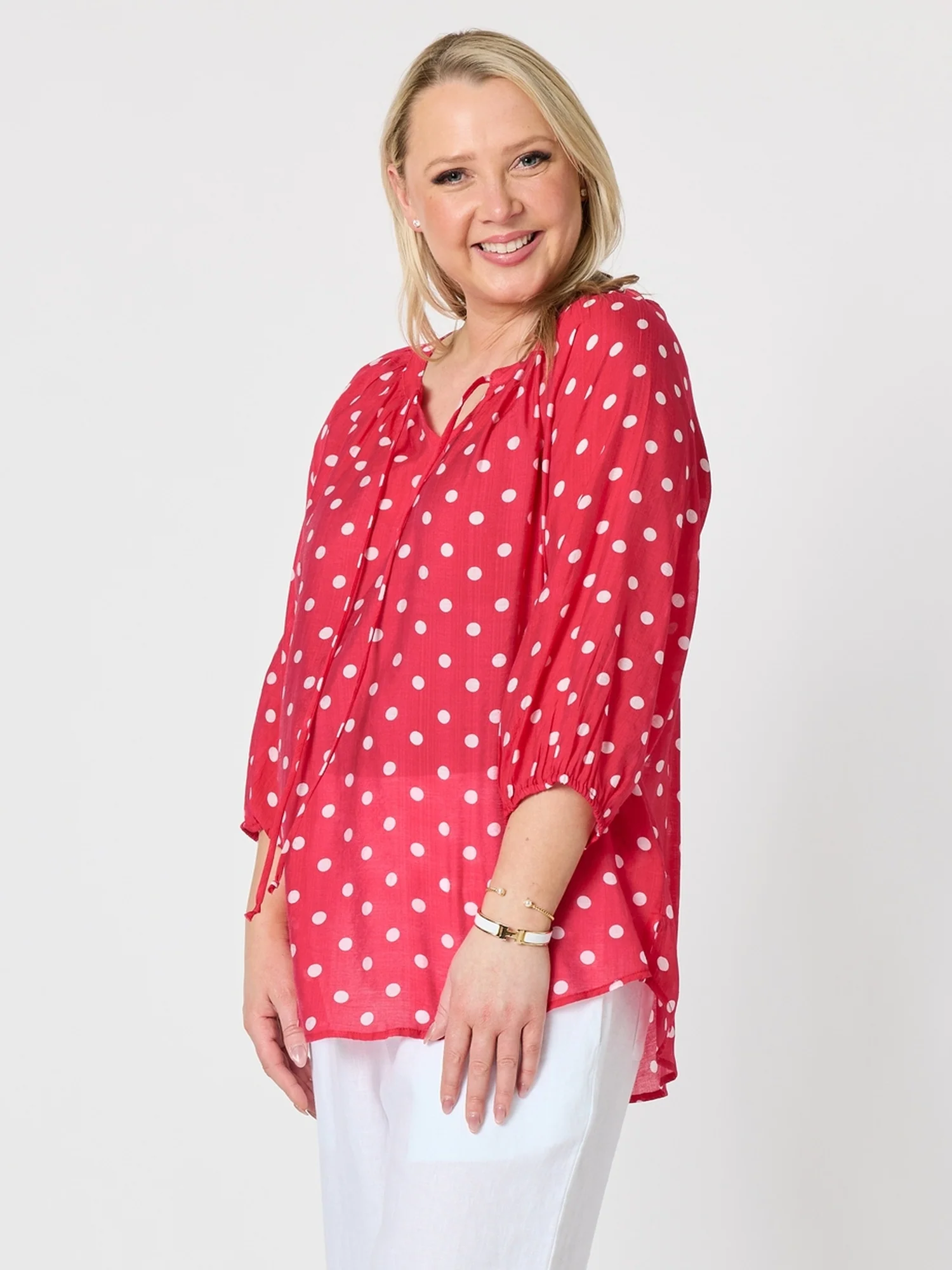 French Rose Spot Print Sheer Blouse - Red/White