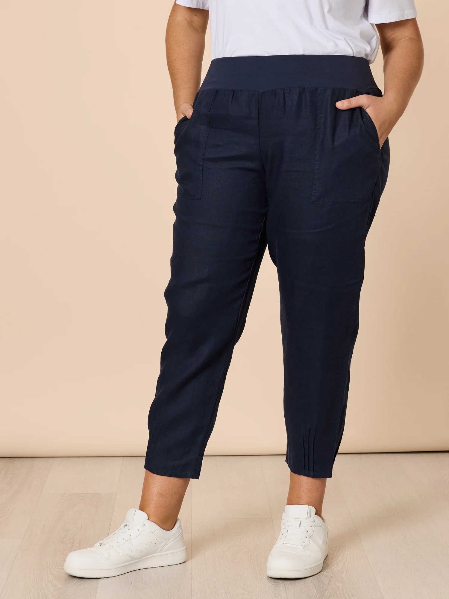 Sarah Linen Pleat Hem Pant - Navy