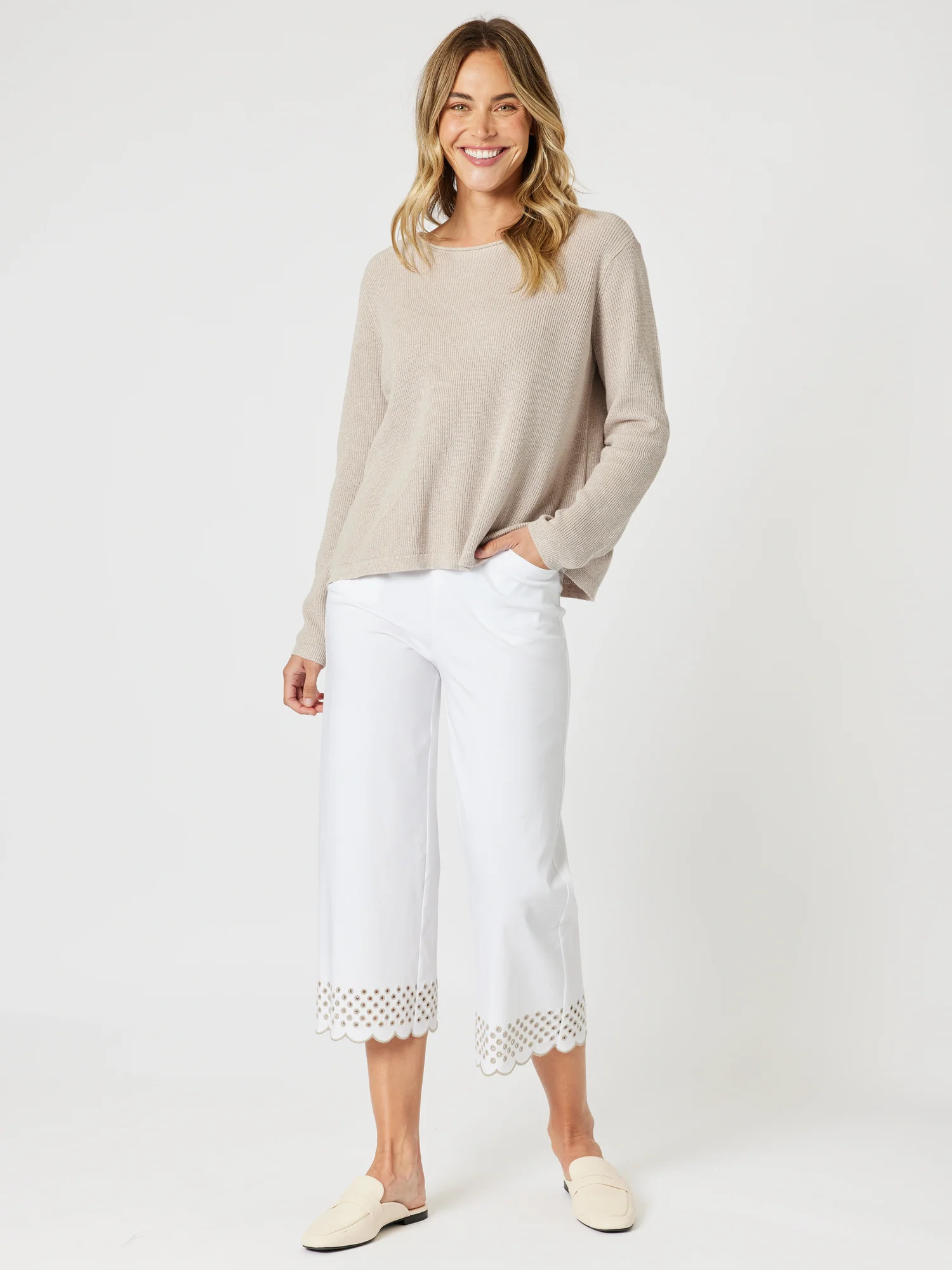 Scallop Hem Pant - White/Natural