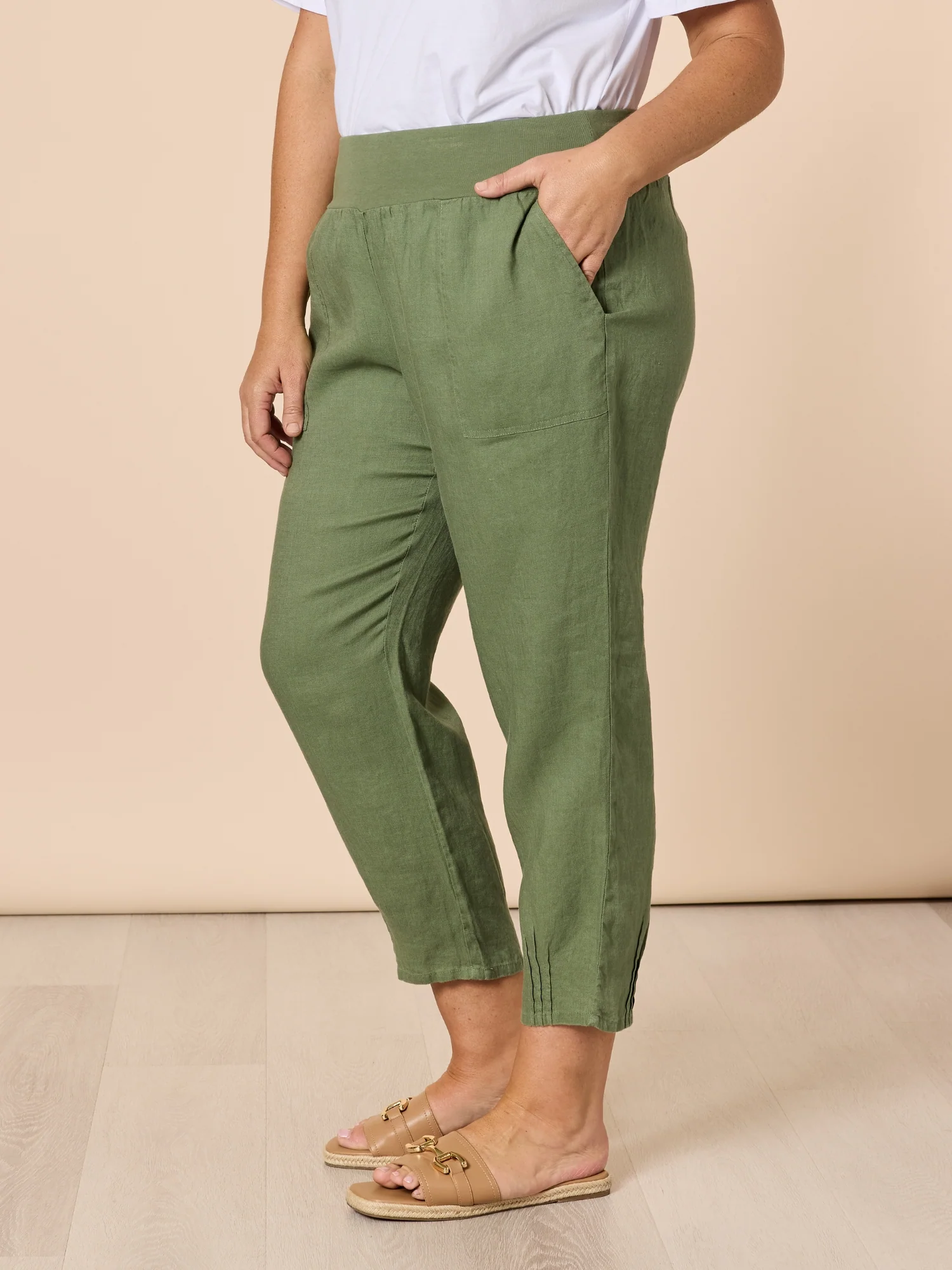 Sarah Linen Pleat Hem Pant - Khaki