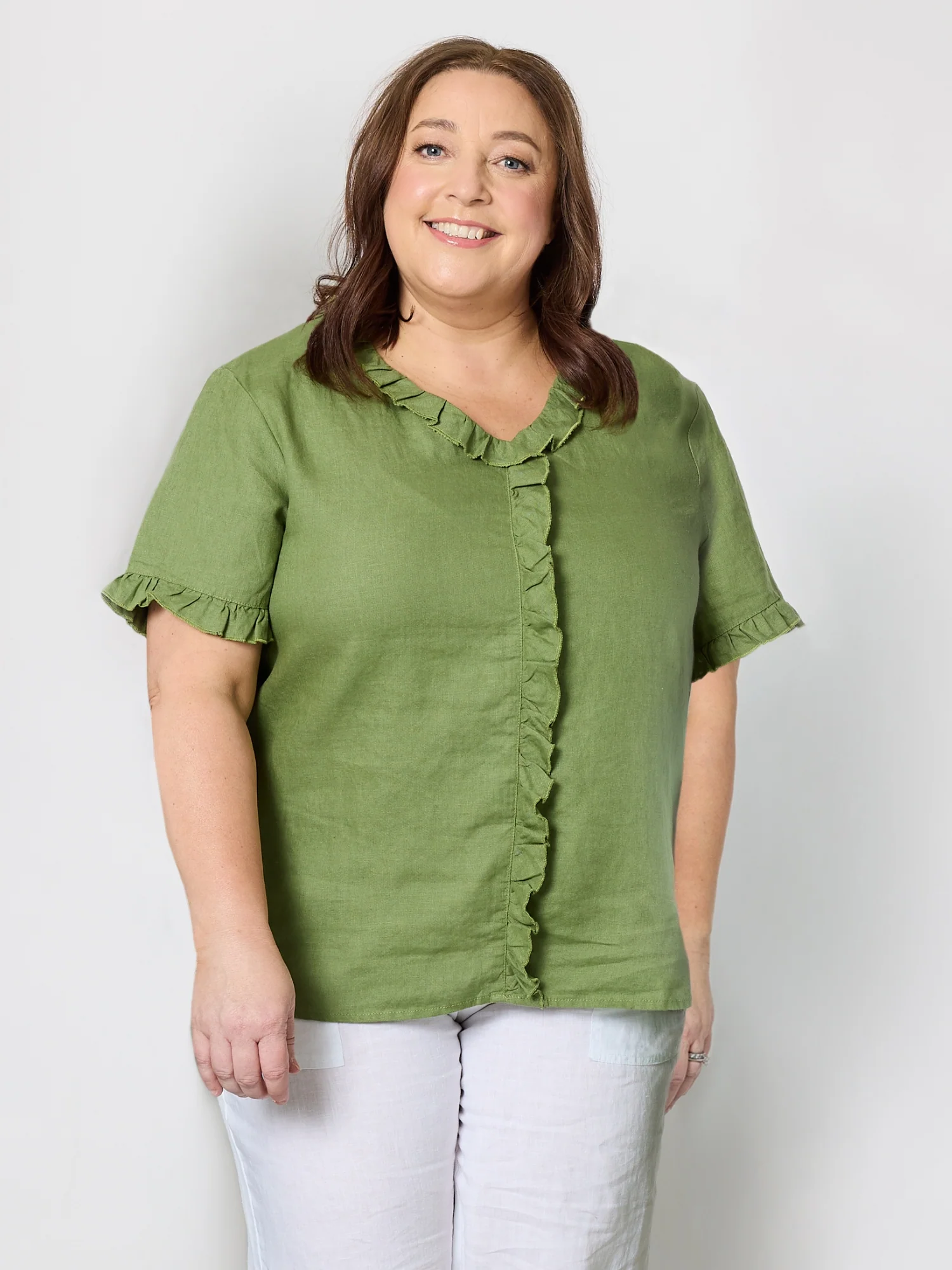 Tiffany Ruffle Linen Top - Basil