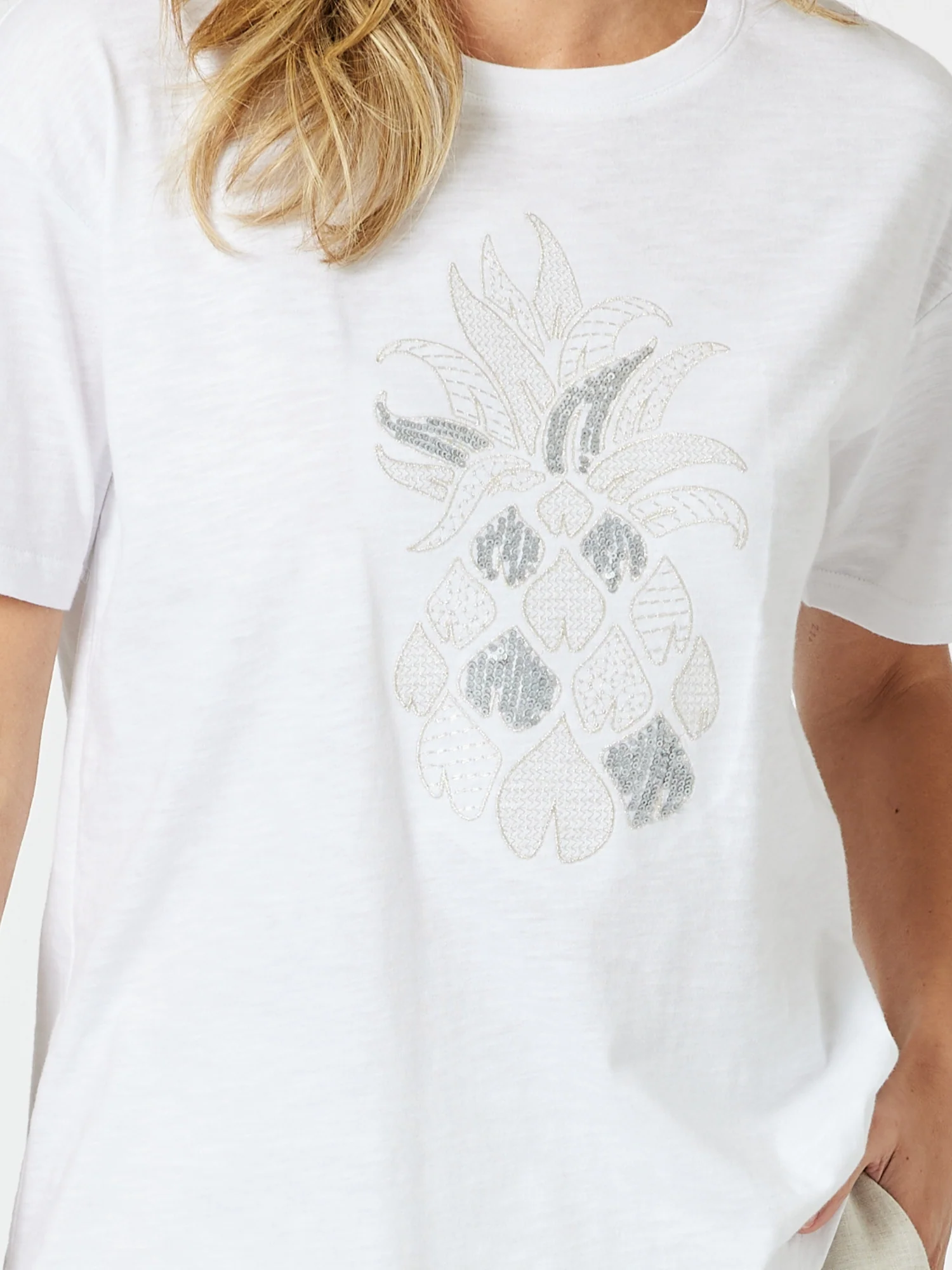 Silver Sequin Pineapple Print Tee - White/Silver