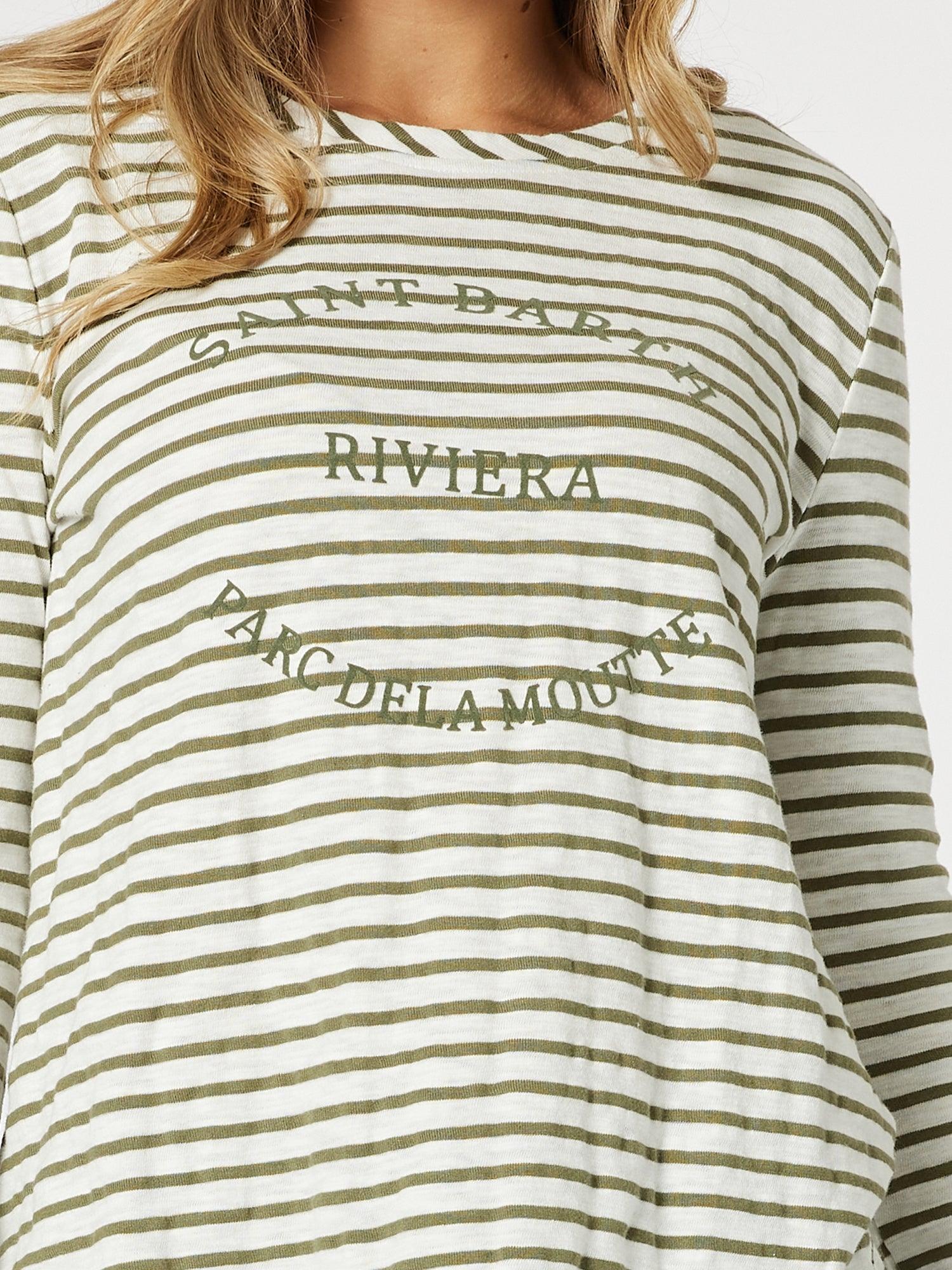 Riviera Stripe Print Long Sleeve Tee - Khaki/White