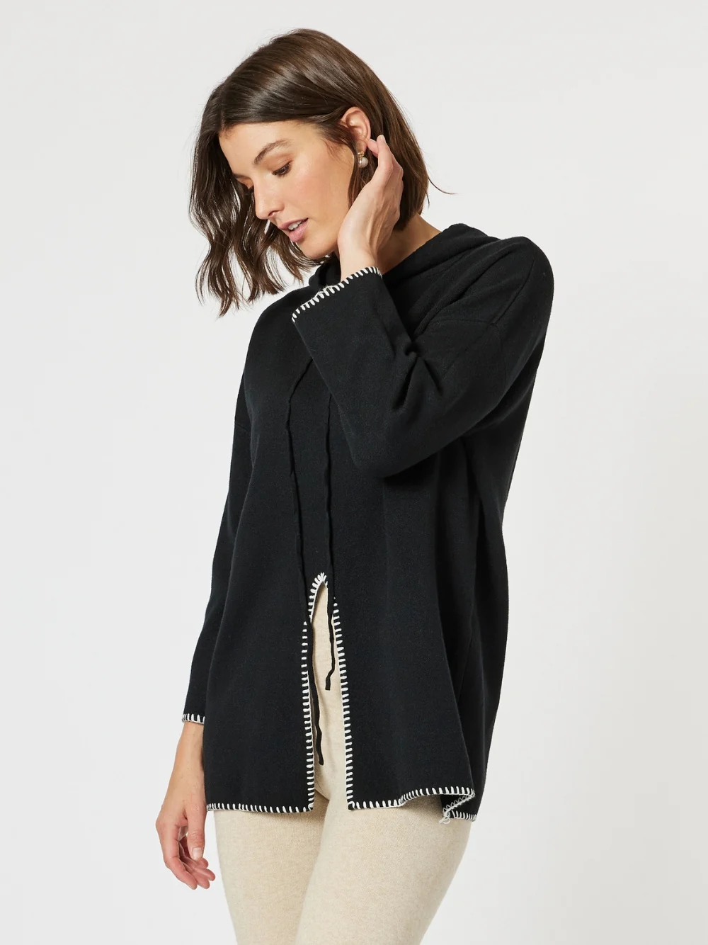 Cosy Hooded Split Front Knit - Black