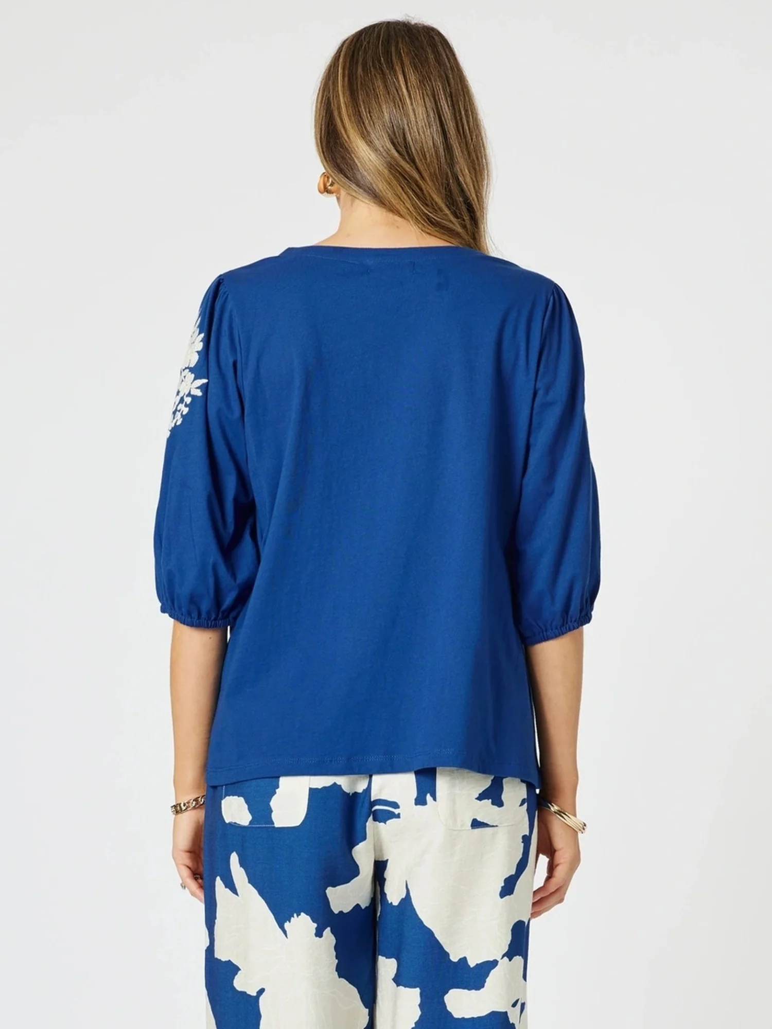 Jill Floral Embroidered Tee - Blue