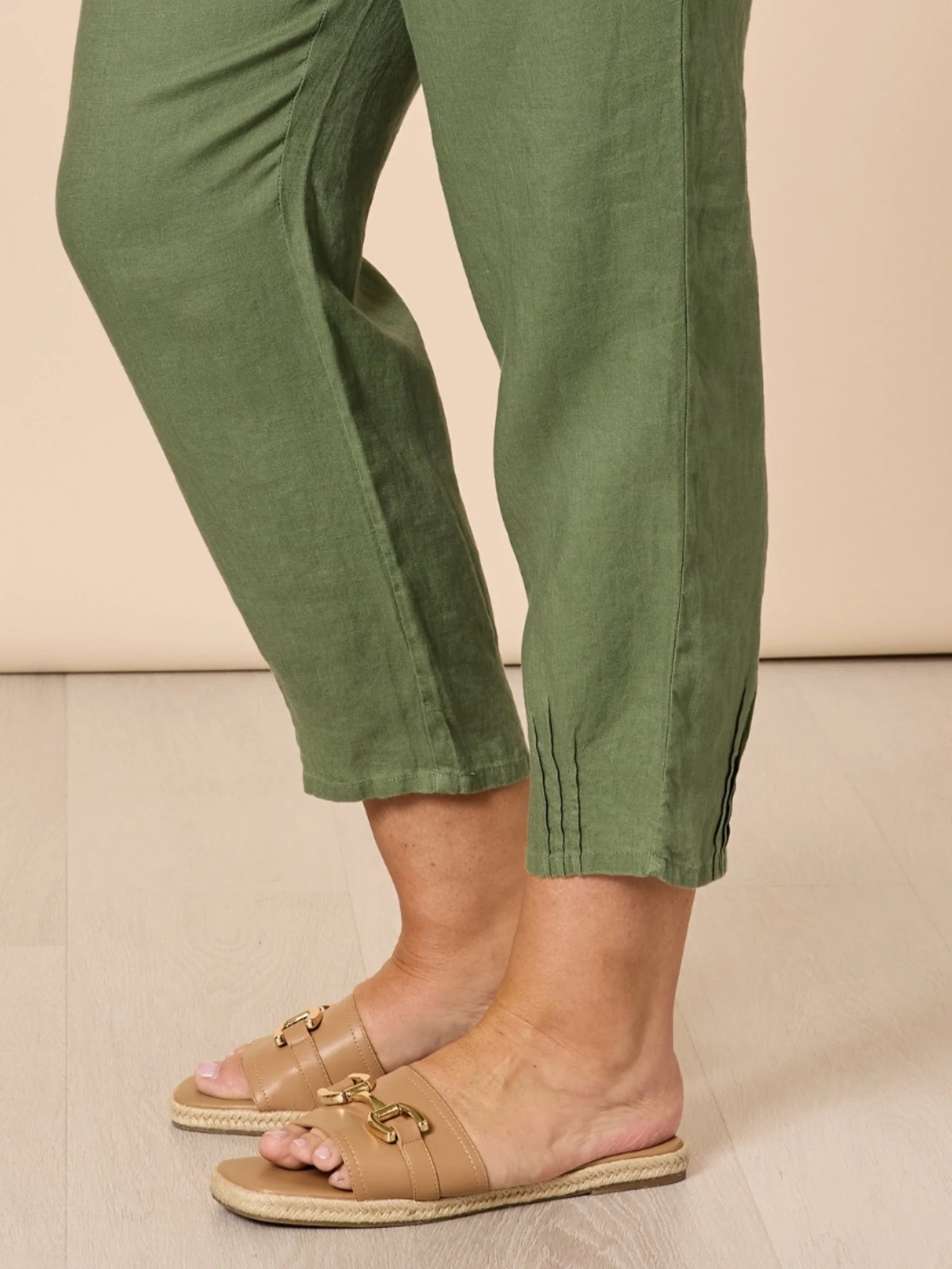 Sarah Linen Pleat Hem Pant - Khaki