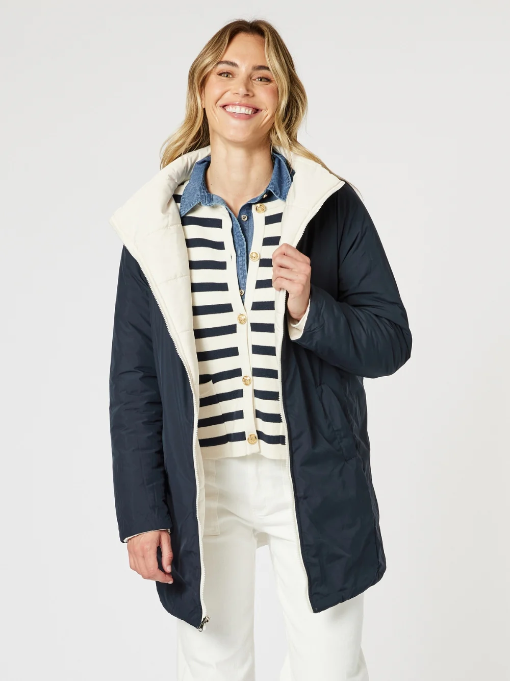 Cape Town Stripe Print Cardigan - Navy/Ivory