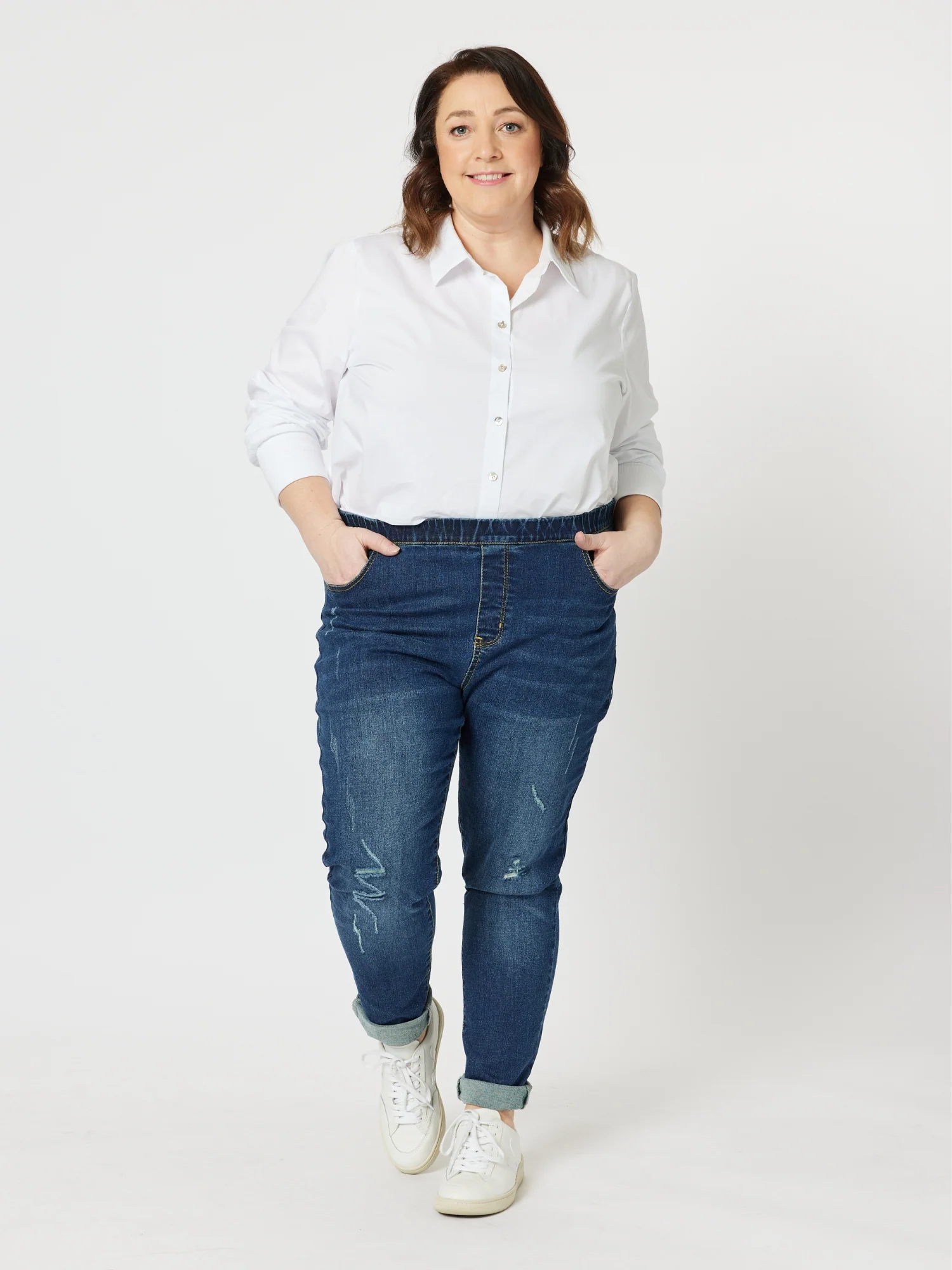 LA Distressed Pull On Stretch Denim Jean - Dark Denim