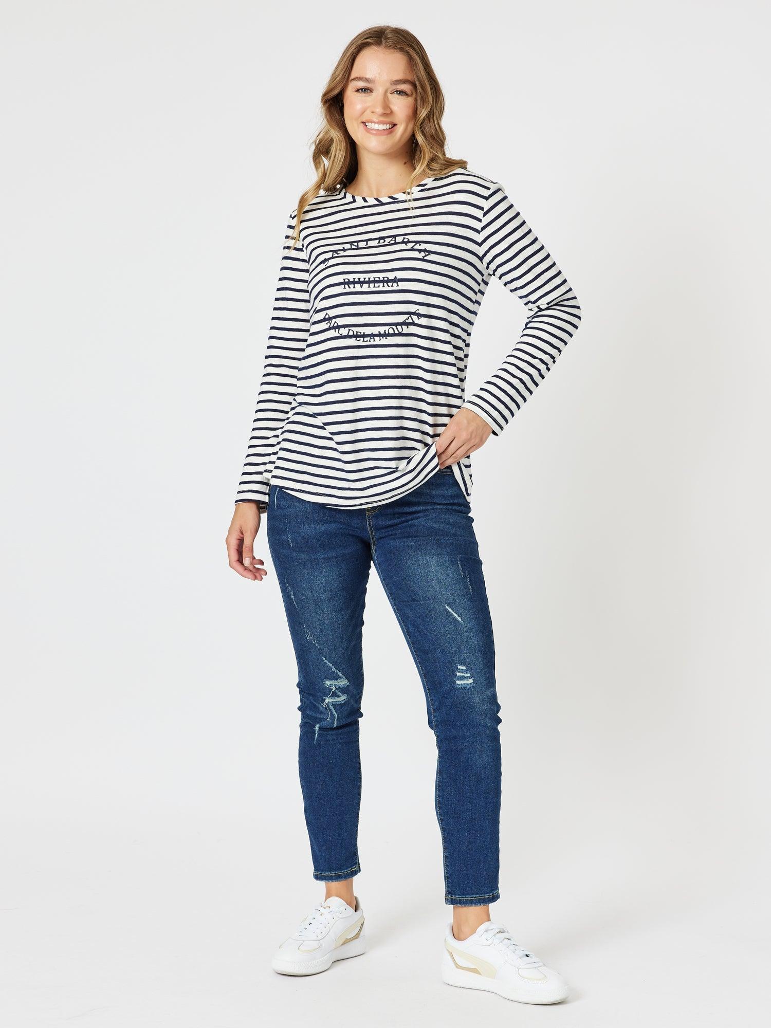 Riviera Stripe Print Long Sleeve Tee - Navy/White