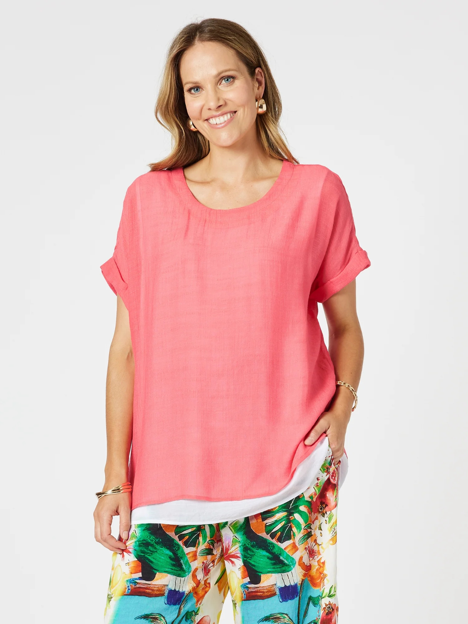 Palma Side Button 2 in 1 Look Top - Coral/White