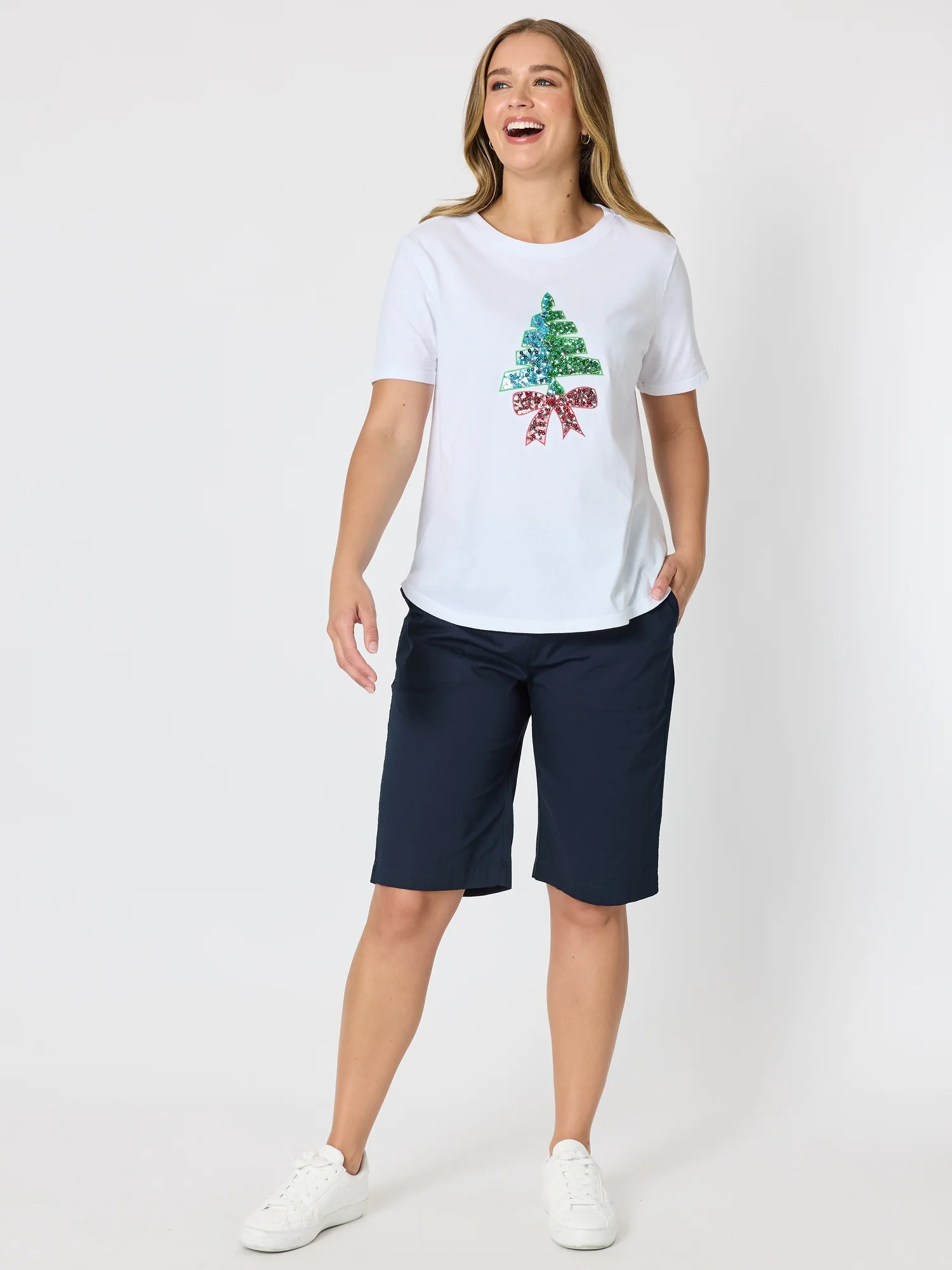 Sequin Xmas Tree Tee - White Multi