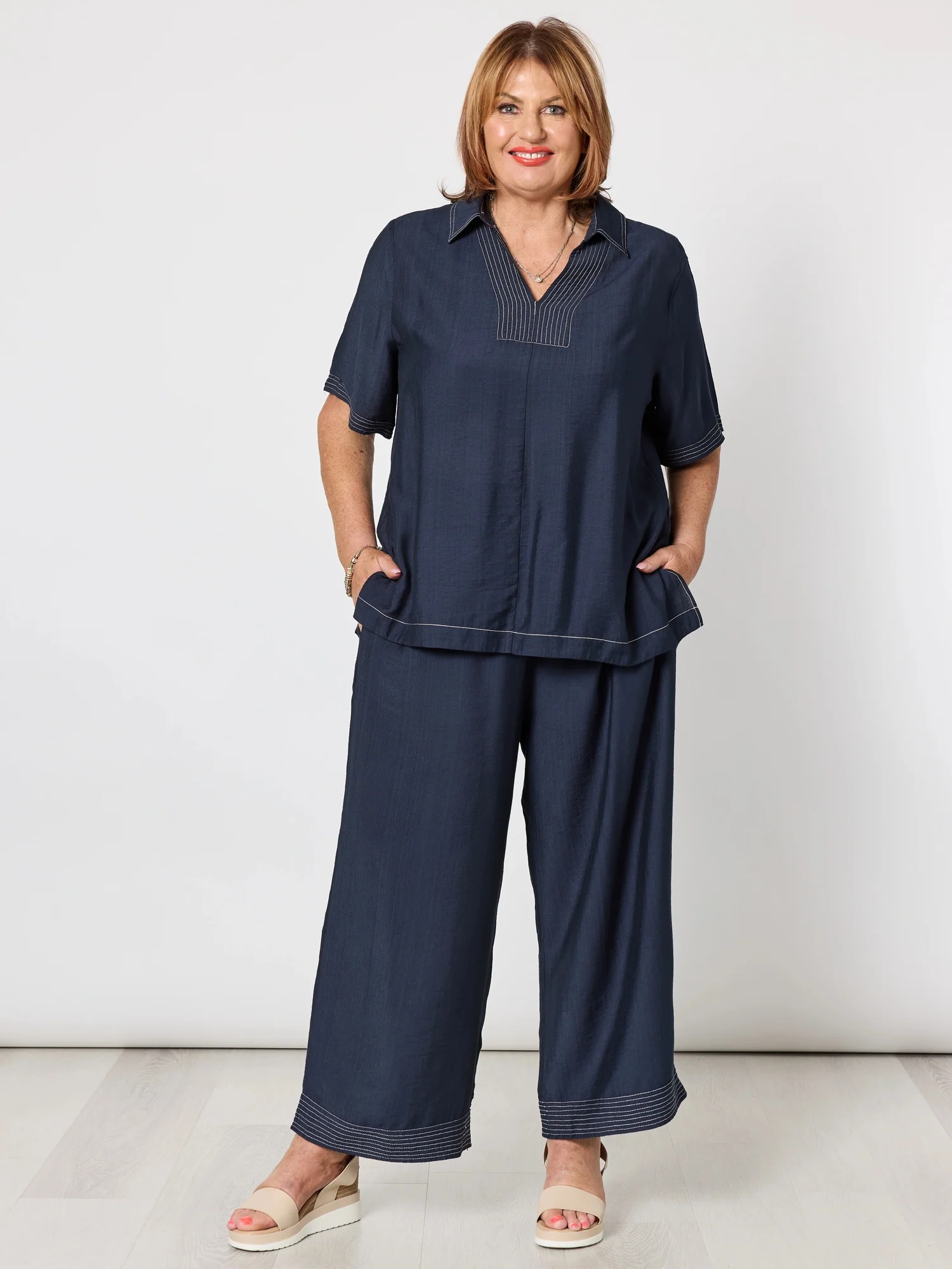 Top Stitch Detail Top - Navy