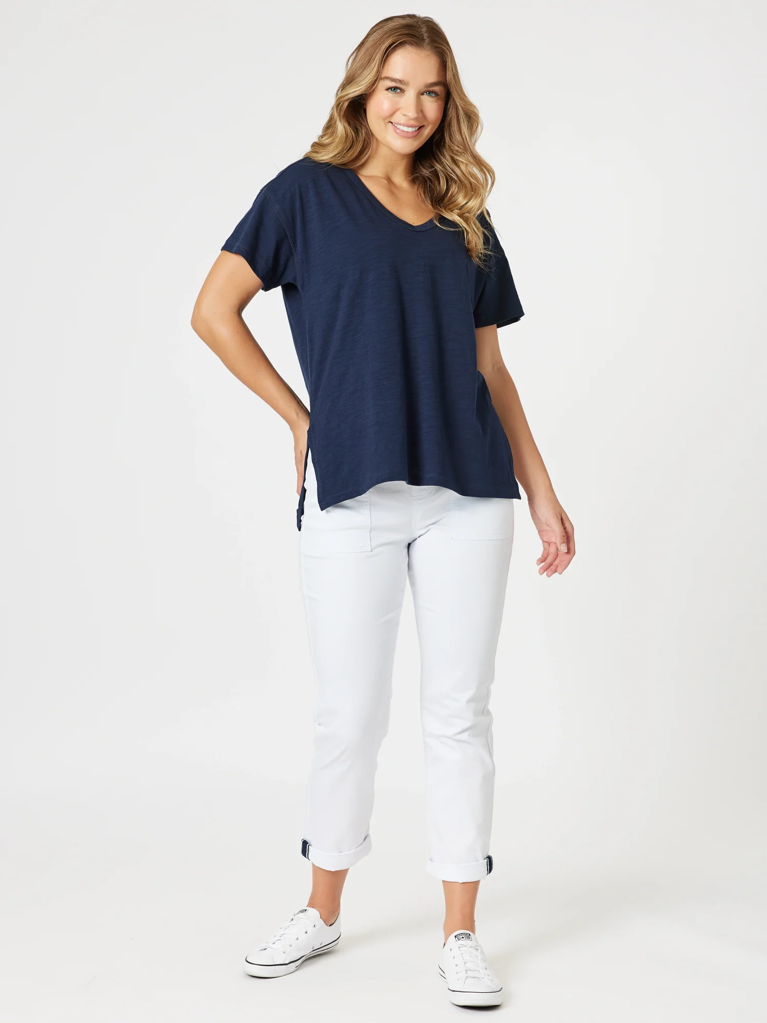 Elle V Neck Tee - Navy