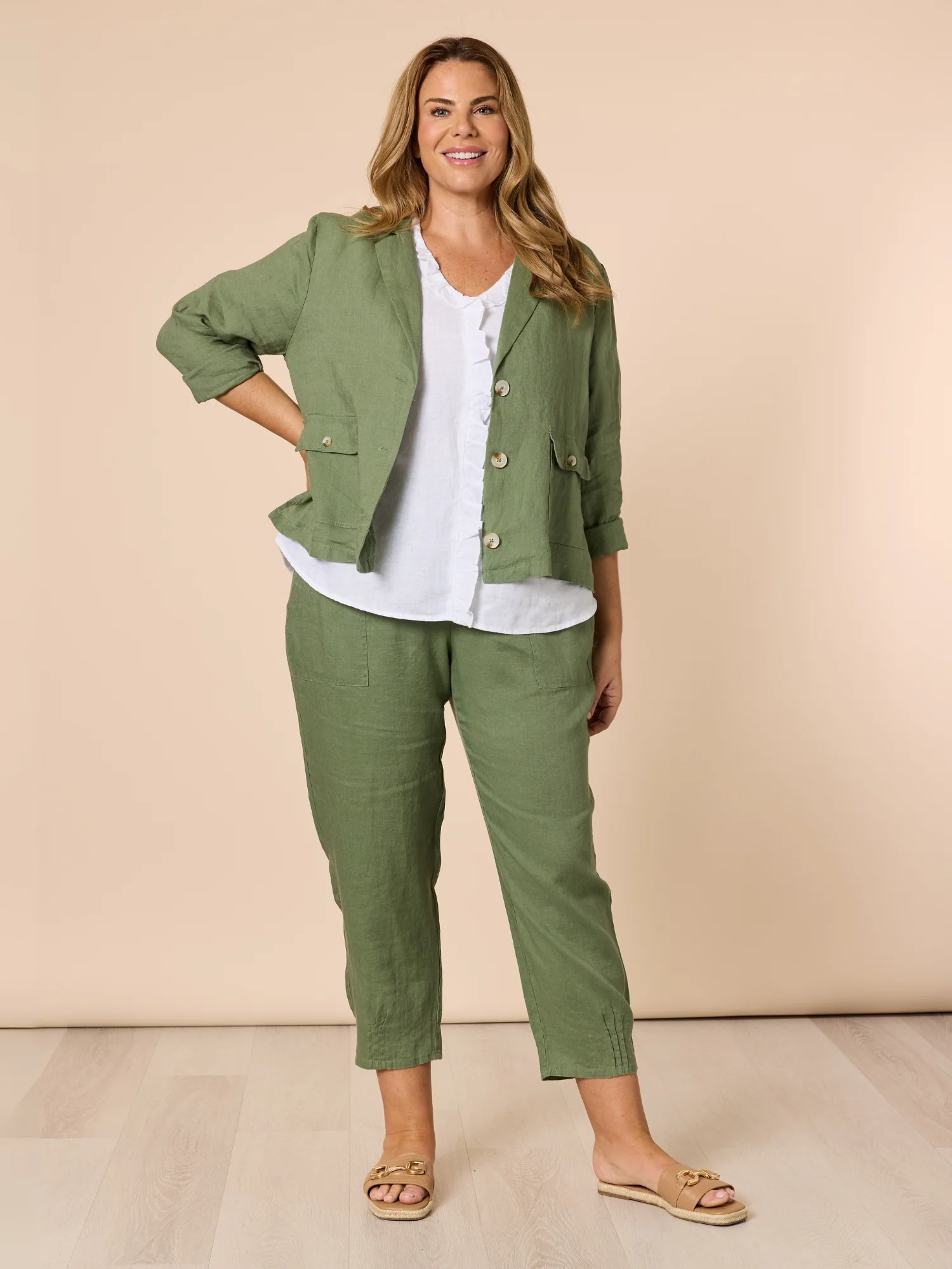 Sarah Linen Pleat Hem Pant - Khaki