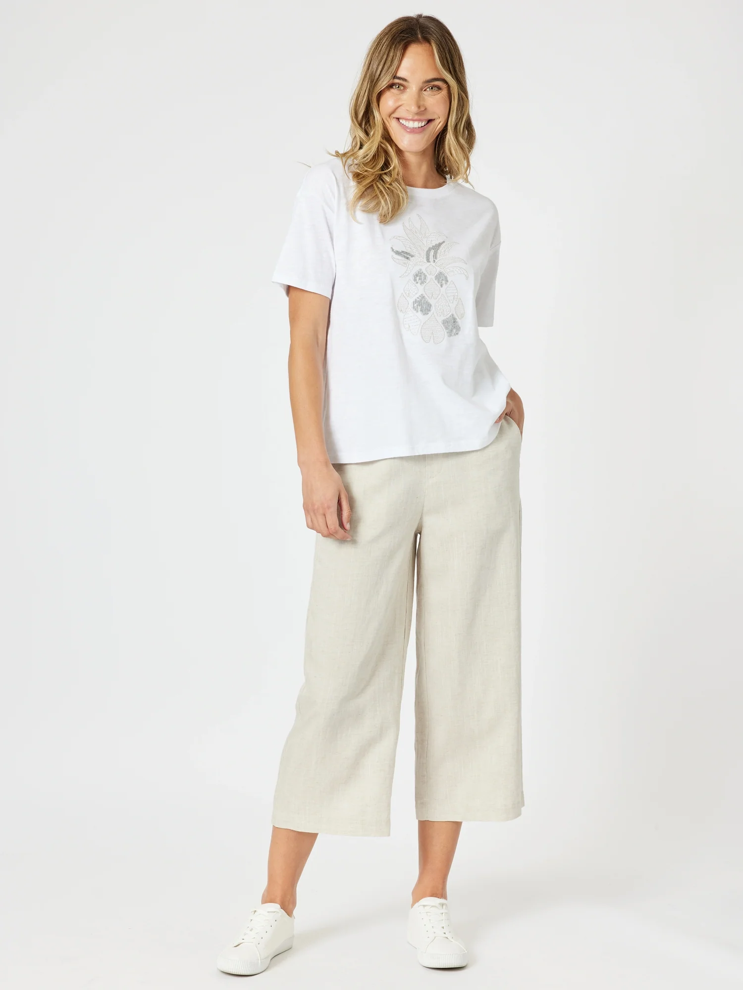 Silver Sequin Pineapple Print Tee - White/Silver