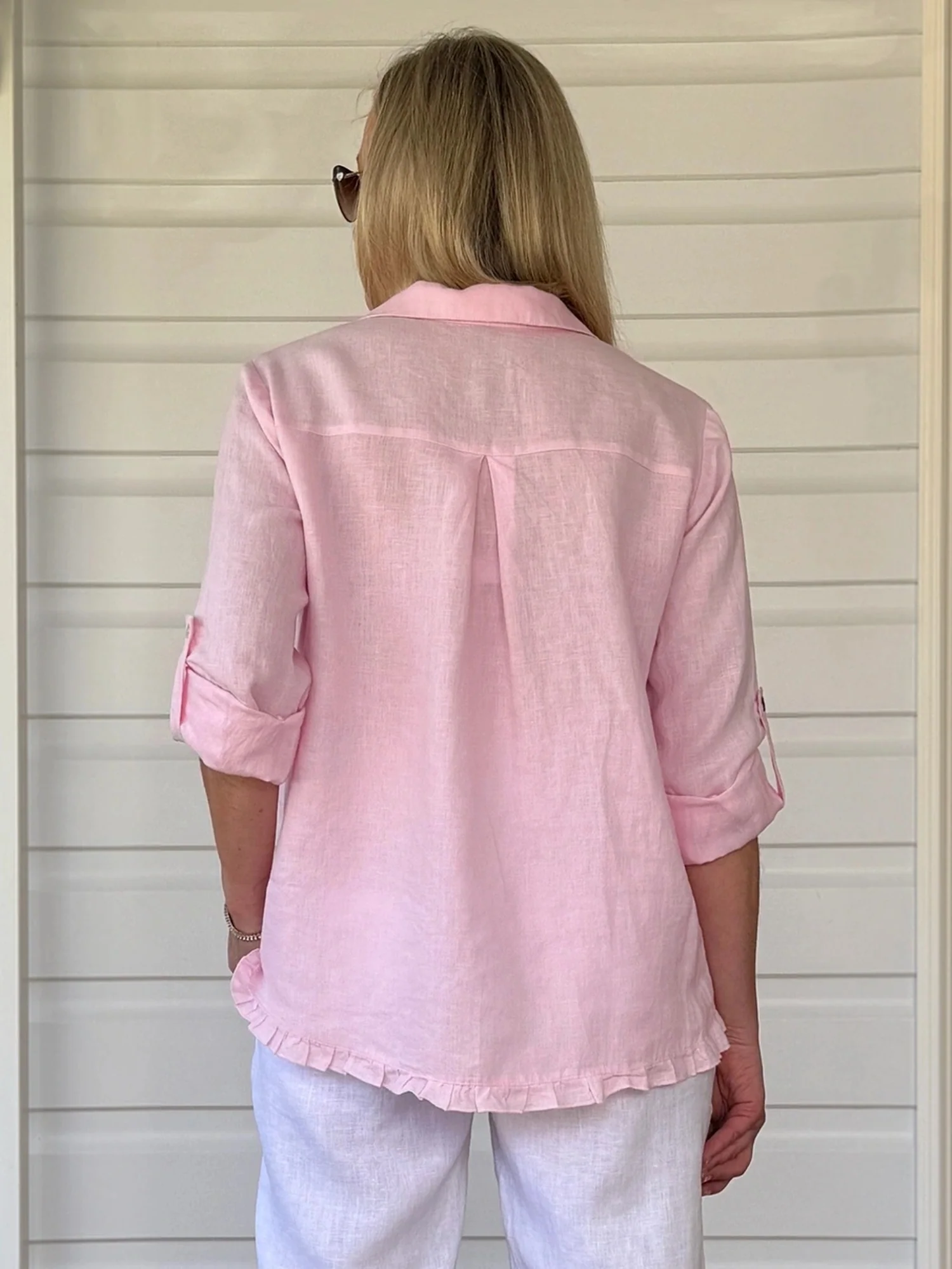 Ruffle Hem Linen Shirt - Pink