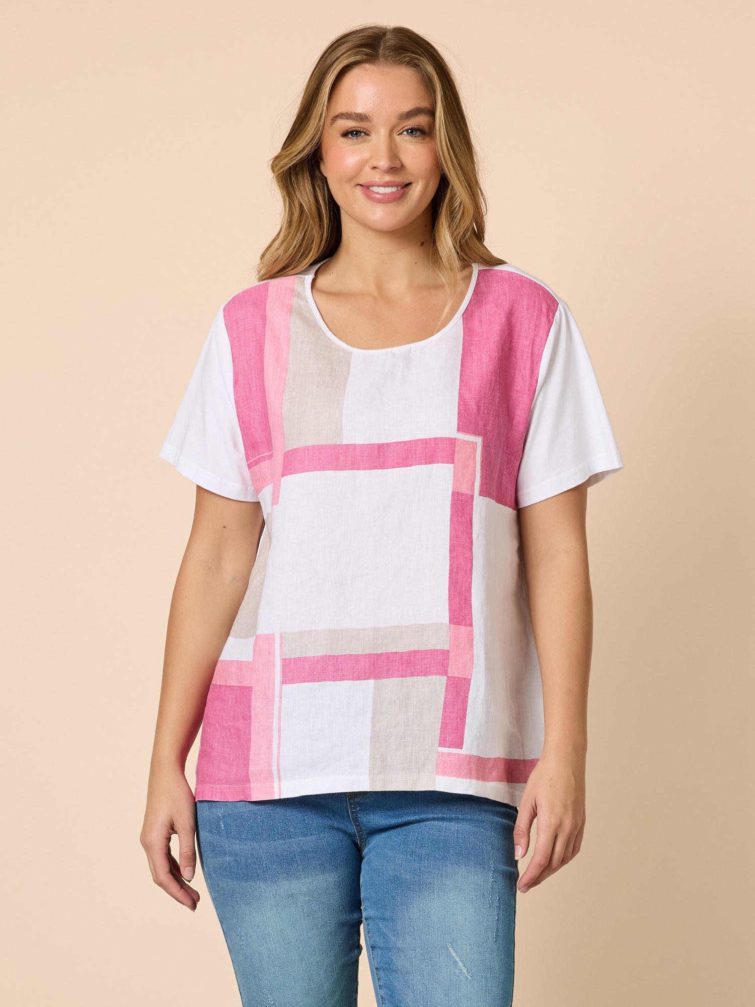 Geometric Print Top - White/Pink