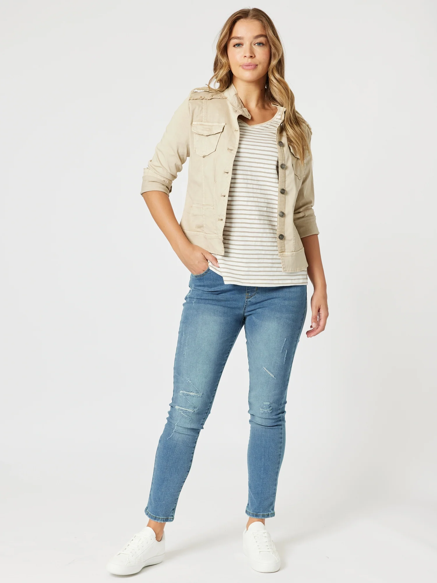 Military Style Denim Jacket - Natural