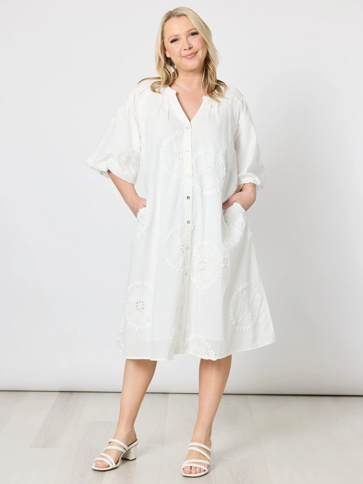 Emanuella Embroidered Button Dress - White