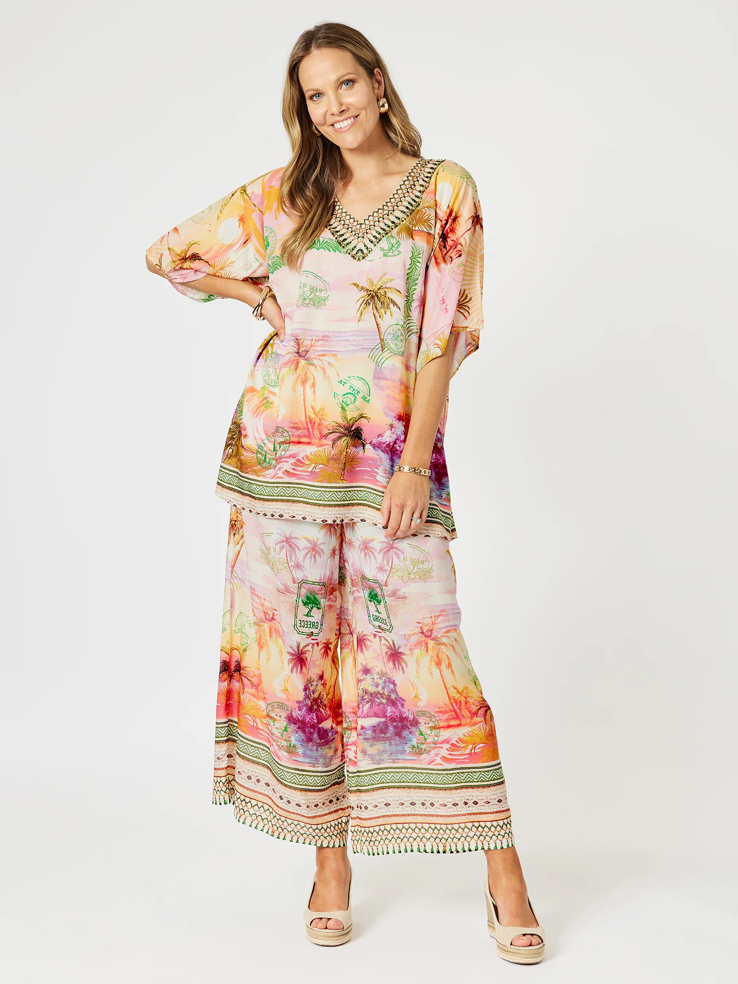 Passport Print Wide Leg Pant - Sunset Multi