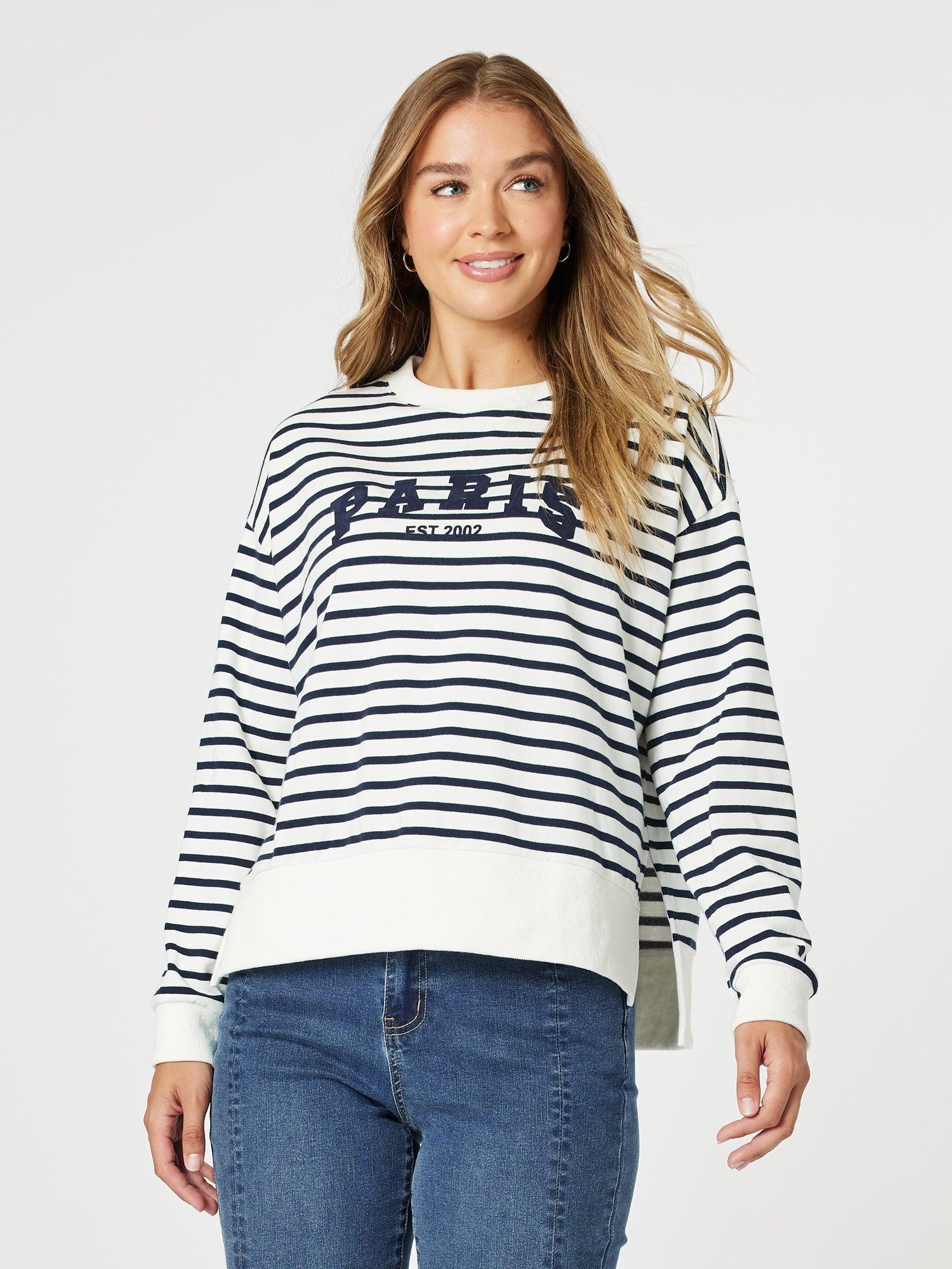 Paris Stripe Print Sweatshirt - Navy/White
