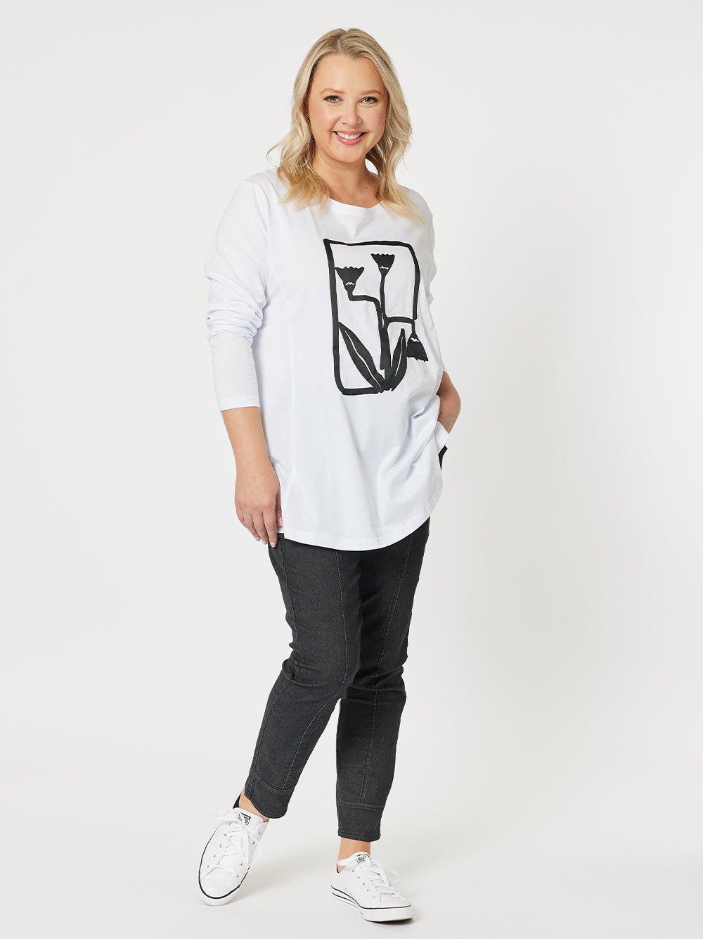 Floral Outline Long Sleeve Top - White