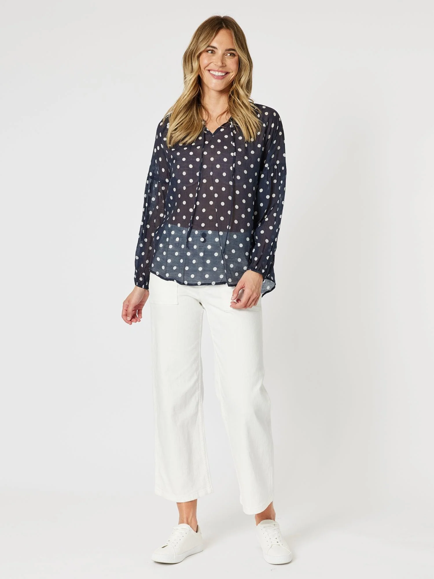 Sorrento Spot Print Sheer Blouse - Navy/White