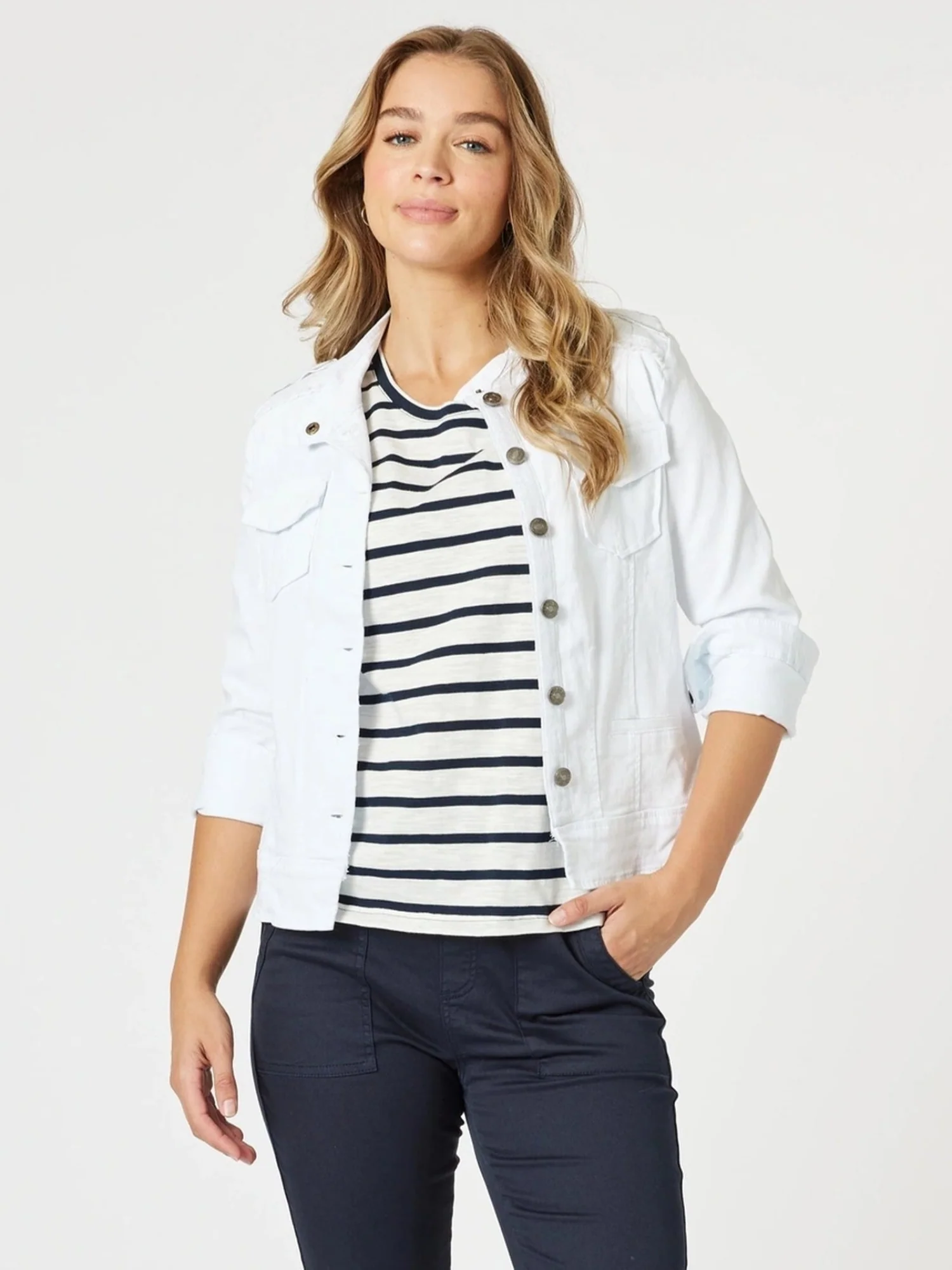 Military Style Denim Jacket - White