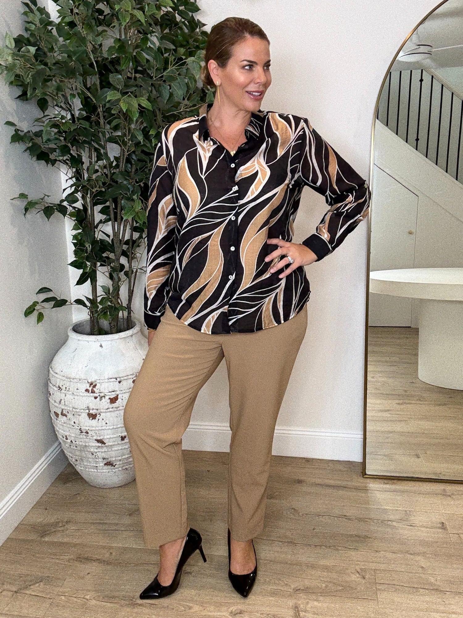 Wellington Print Sheer Shirt - Caramel