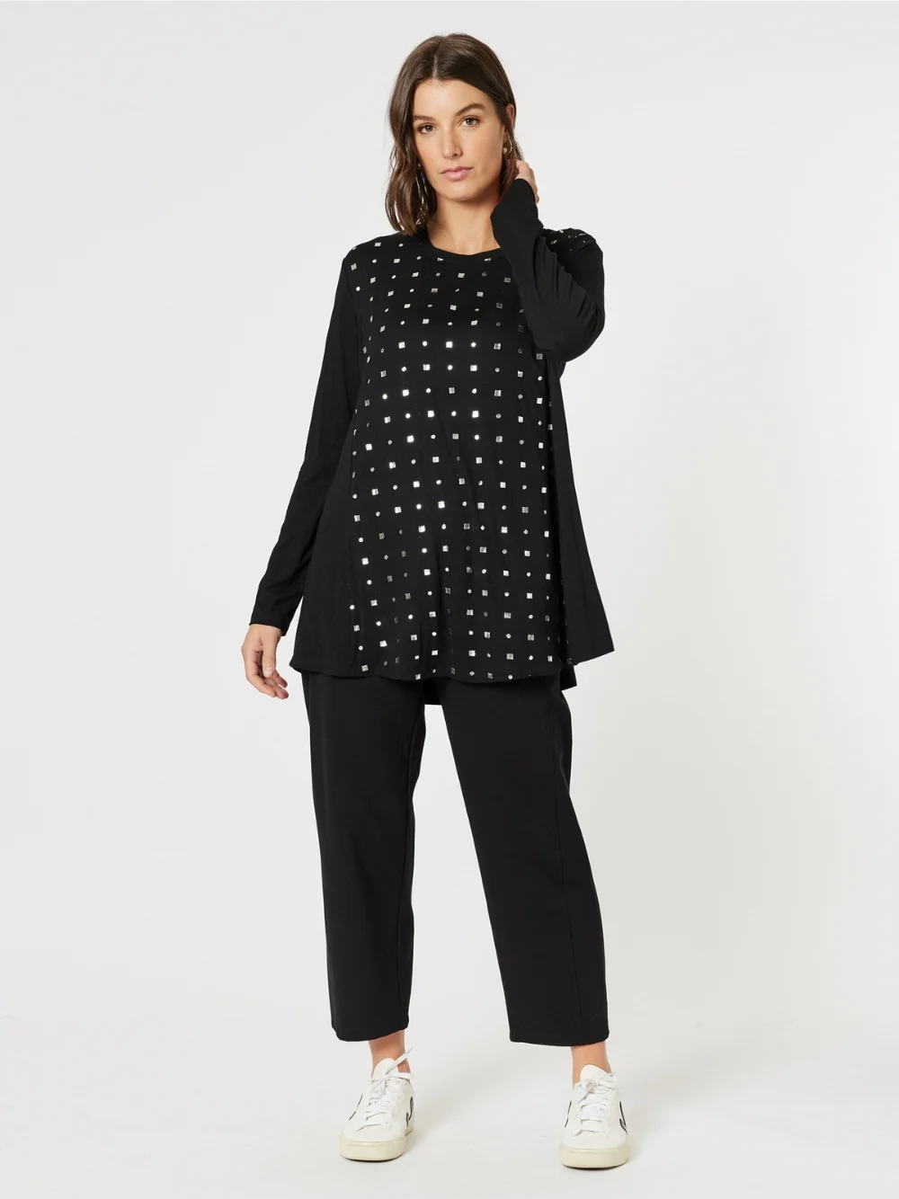 Metallic Print Long Sleeve Tee - Black/Silver